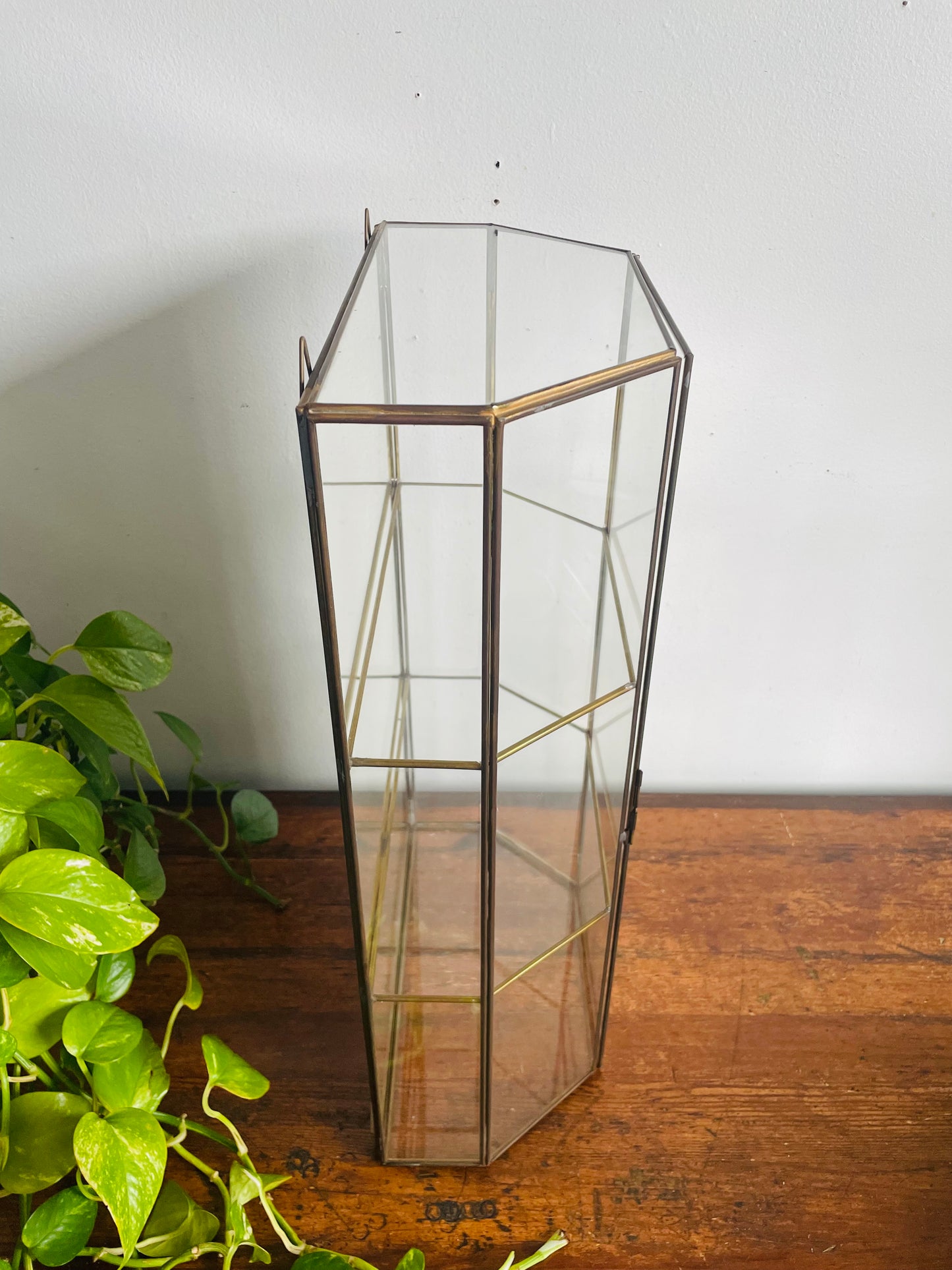 Vintage 19" Tall Brass & Mirrored Glass Curio Shelf Cabinet - Can Stand or Hang