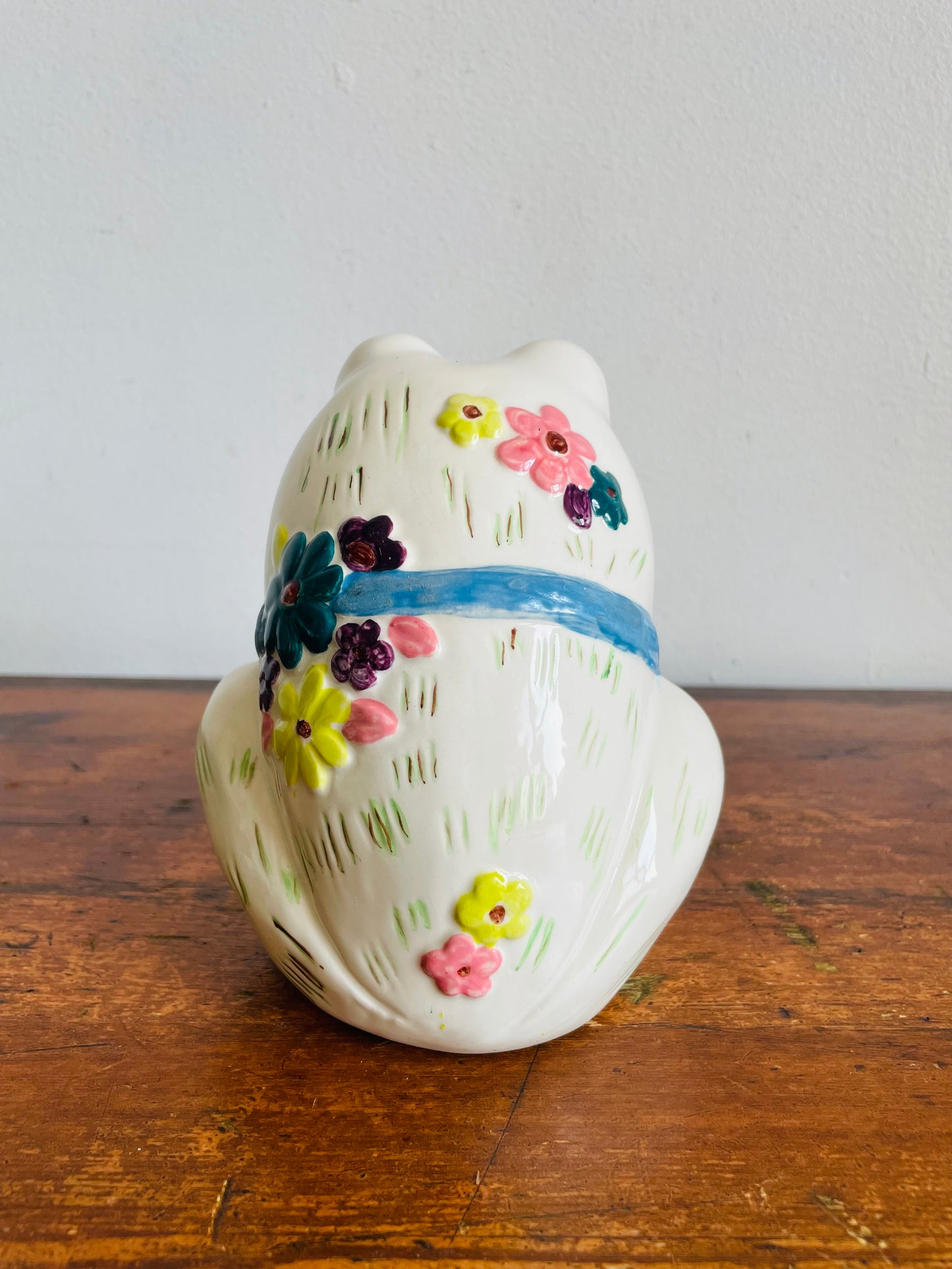 Adorable 1969 Ceramic Frog with Bow Tie and Flowers - Painted & Signed by Doris