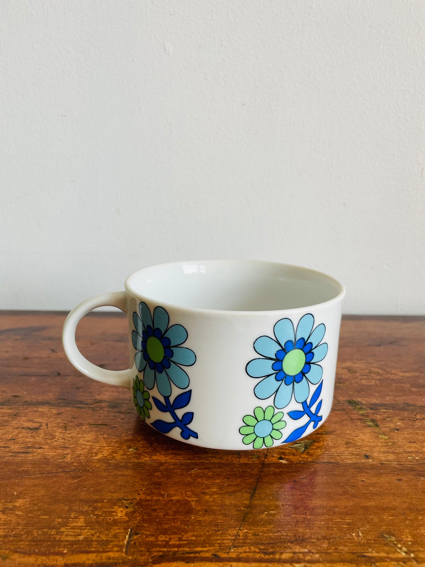 Groovy Soup Bowl with Handle & Blue & Green Flower Power Design - Would Also Make a Great Planter - Made in Japan