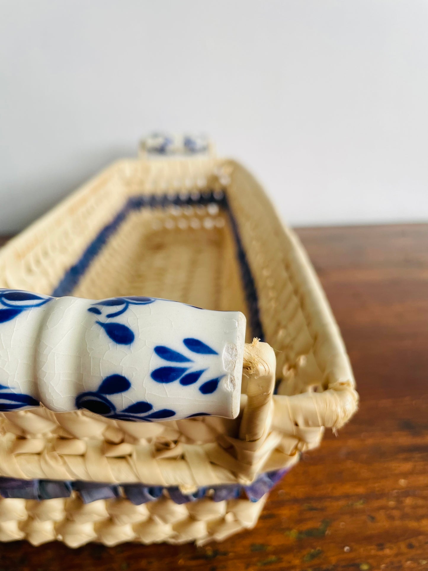Light Woven Basket with Blue Stripe & Ceramic Handles