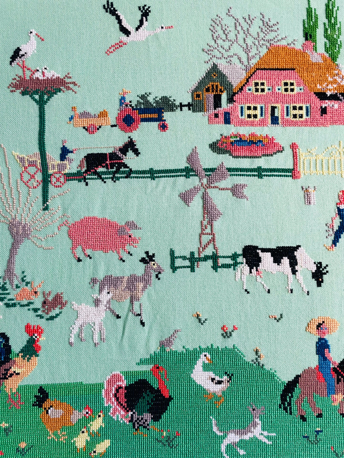 Vintage Absolutely Adorable Mies Bloch Dutch Farm Scene Needlepoint Embroidery Picture on Seafoam Green Background - 18" x 24"