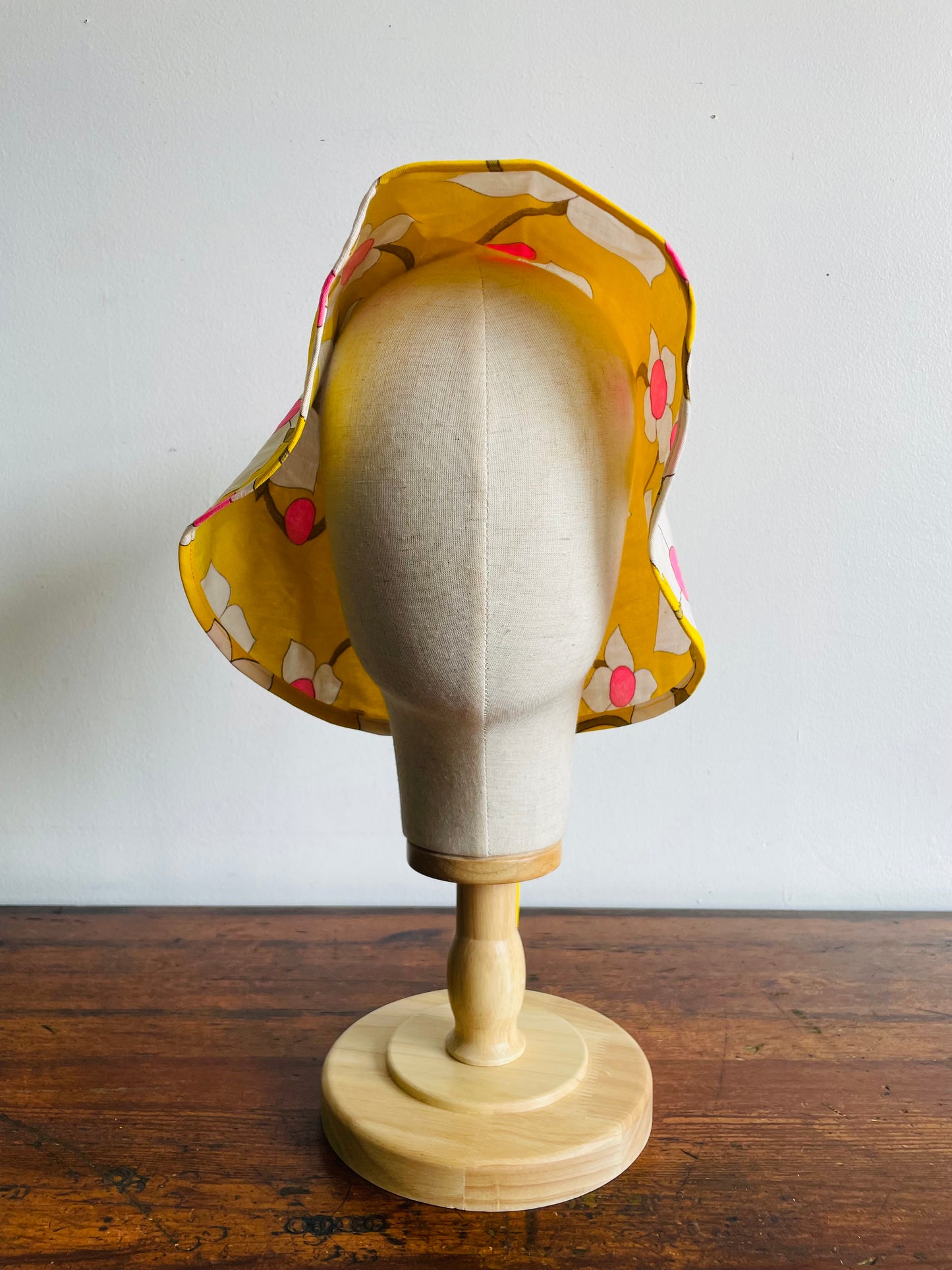Groovy Yellow Fabric Triangle Pouch Holder or Hat with White & Pink Flower Design - Solve the Mystery of What This Is!