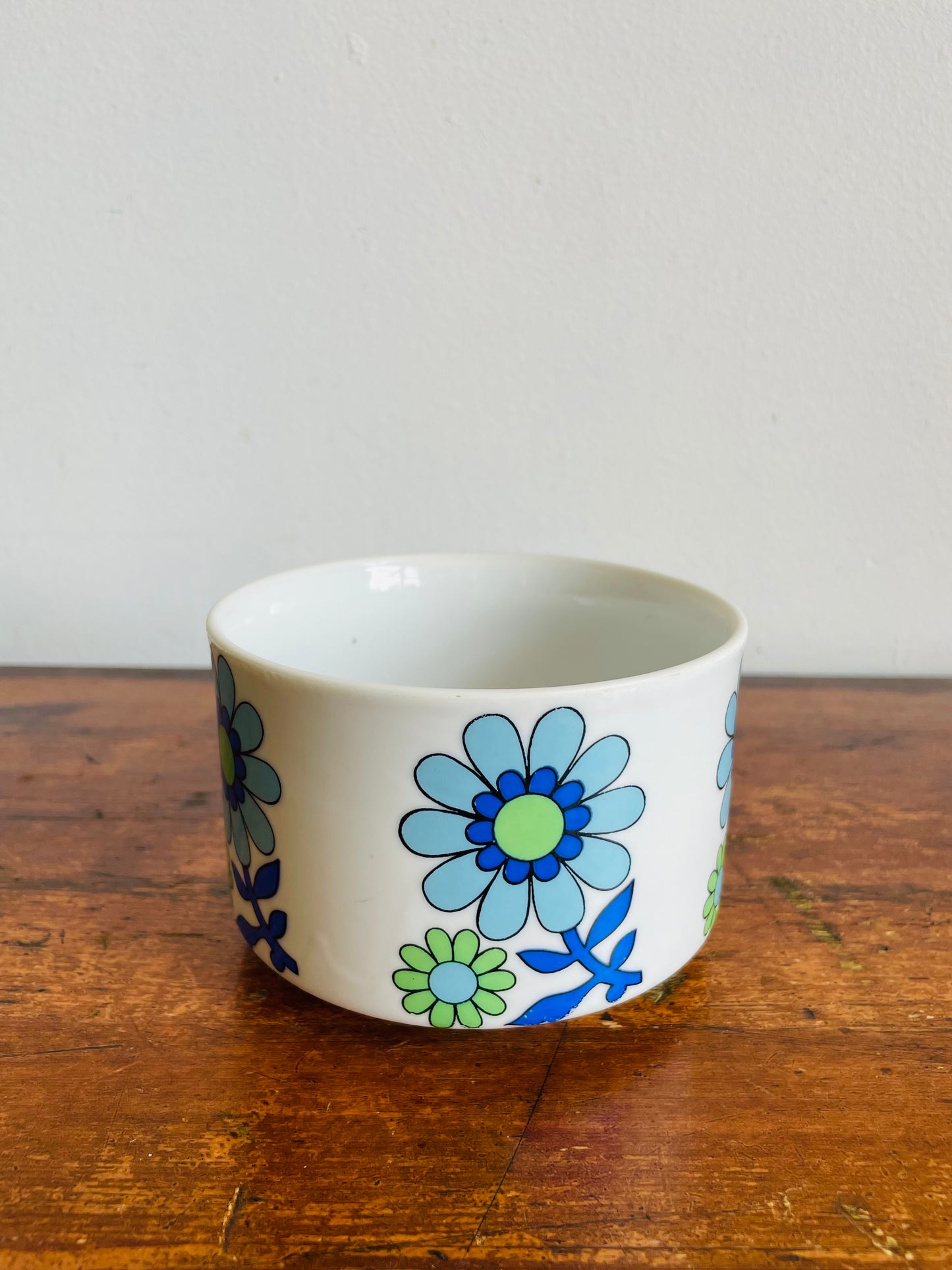 Groovy Soup Bowl with Handle & Blue & Green Flower Power Design - Would Also Make a Great Planter - Made in Japan