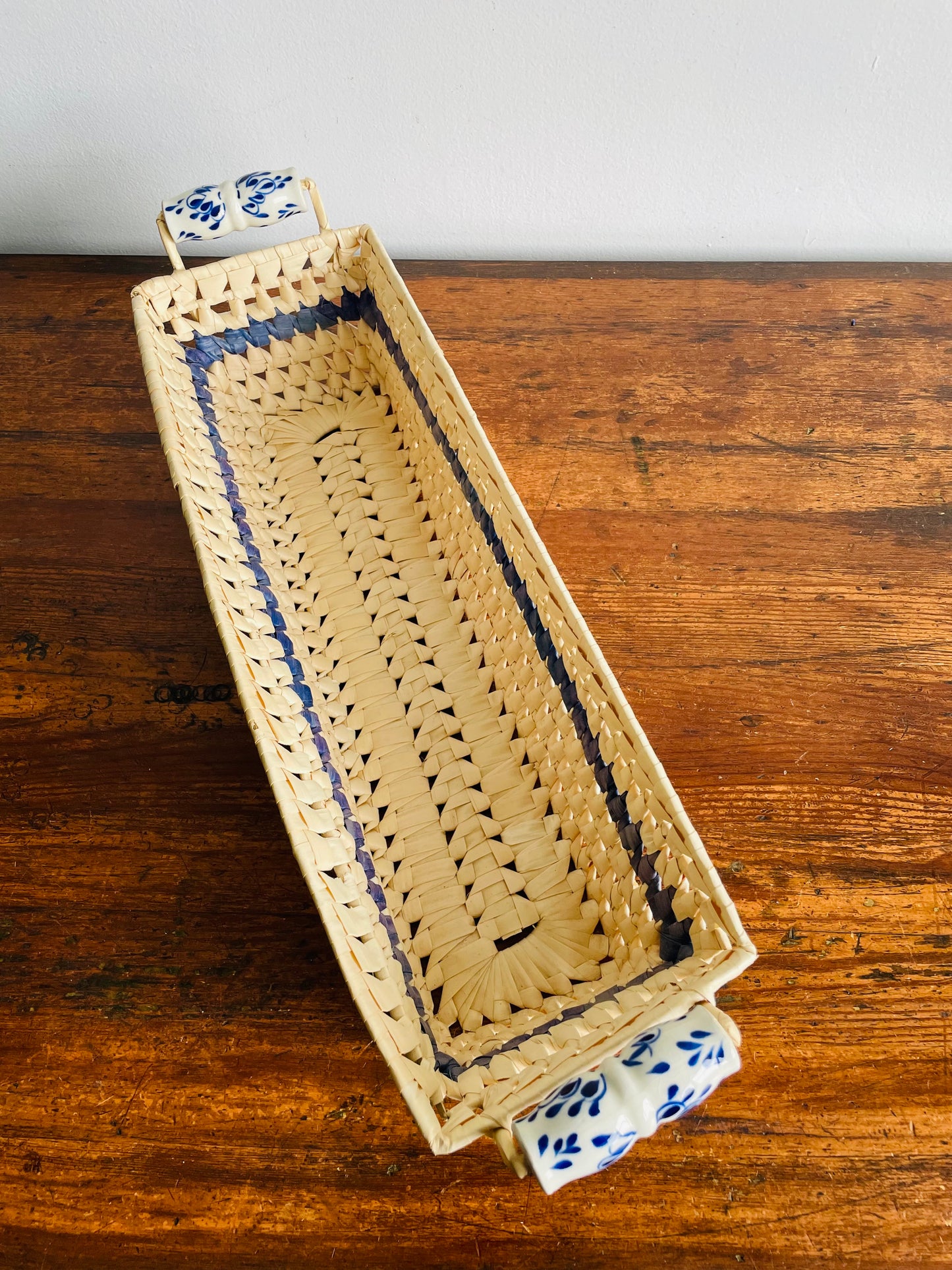 Light Woven Basket with Blue Stripe & Ceramic Handles