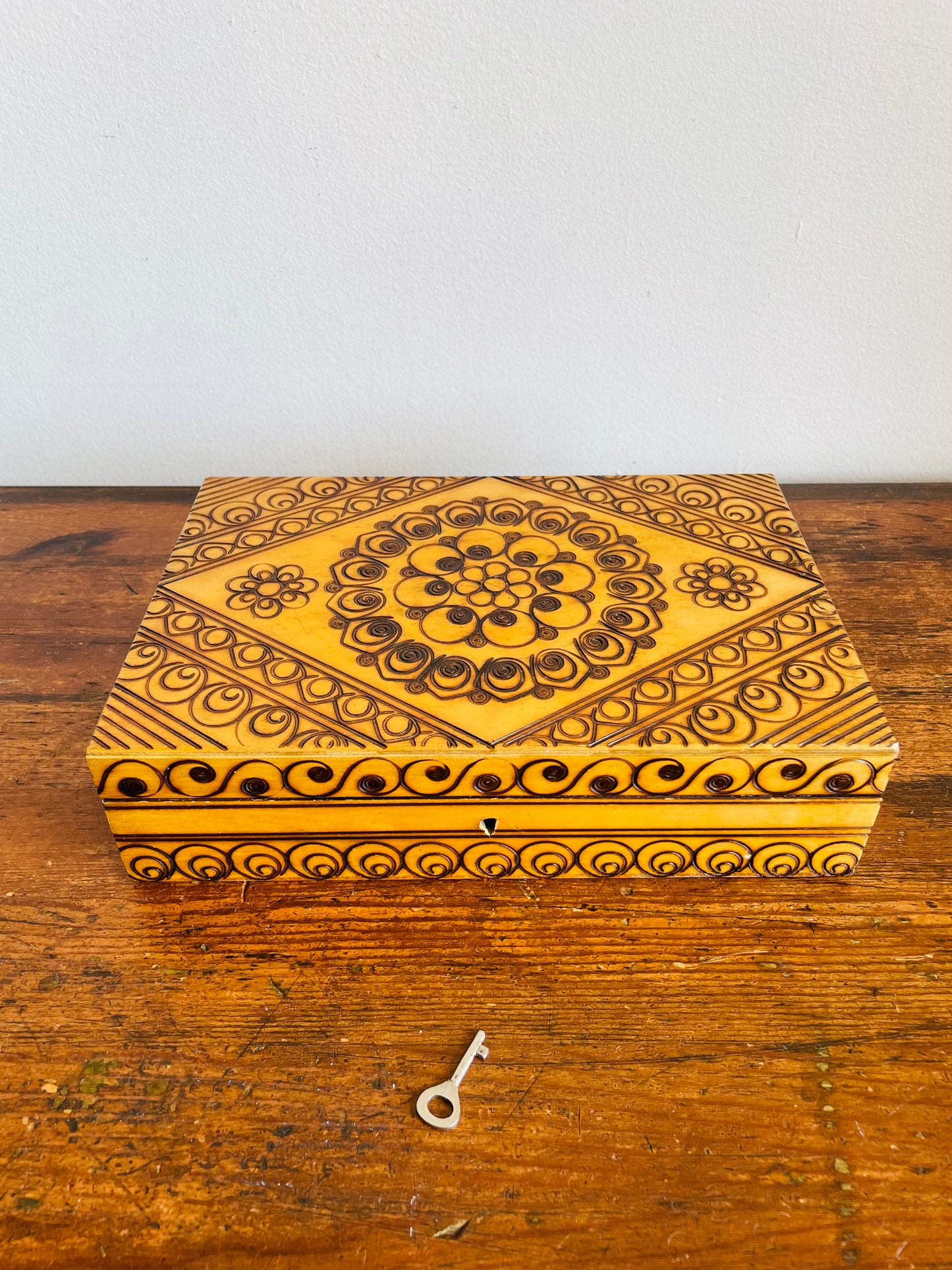 Vintage Polish Carved Wood & Pyrography Burned Folk Art Box - Has Hinged Lid & Skeleton Key to Lock