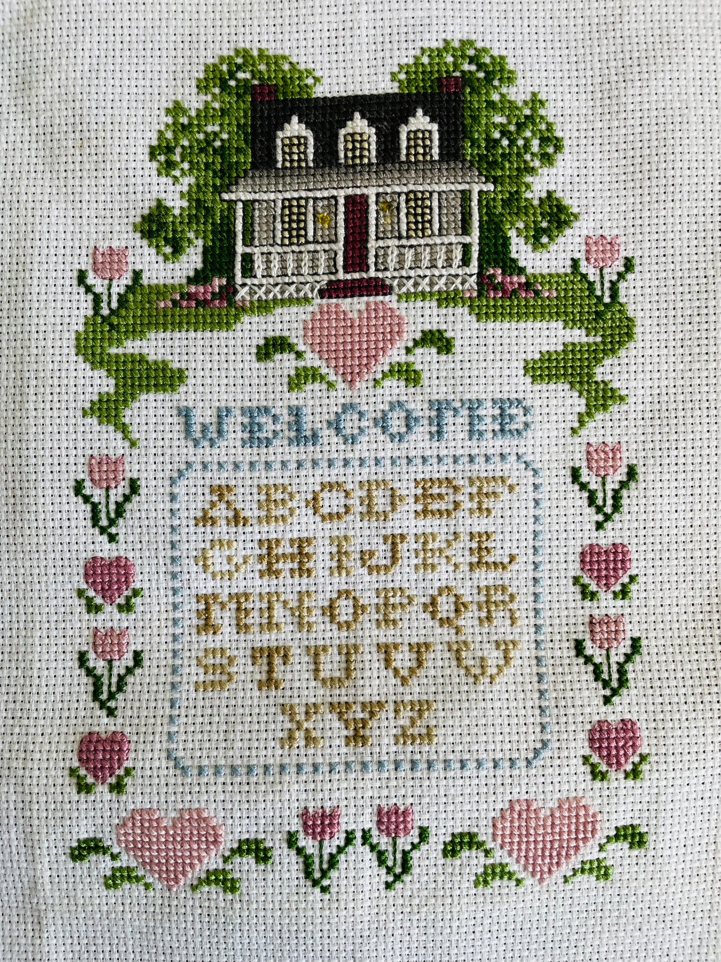 Welcome Needlepoint Embroidery Sampler with Cozy House, Hearts & Flowers