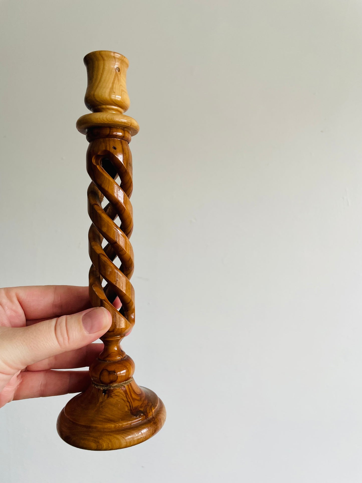 Olive Wood Twisted Spiral Candlestick Holder with Open Barley-Twist