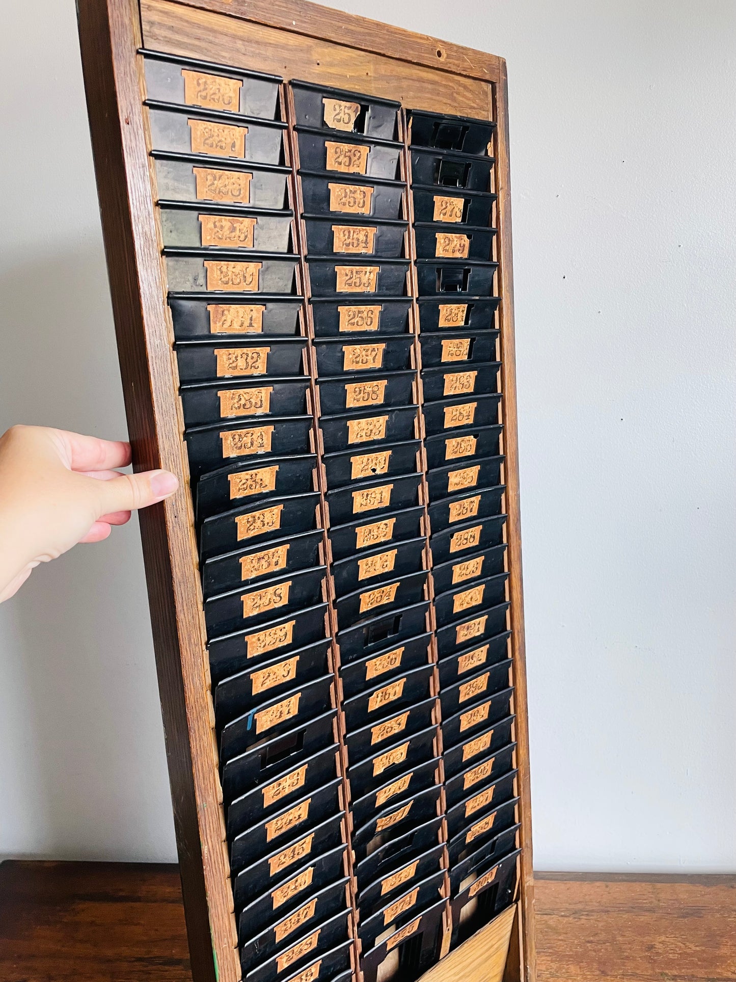 Antique Industrial Wood & Metal Time Card Slot Rack Holder with Numbers - Apothecary Shelf Decor Style - Can Lean or Hang on Wall