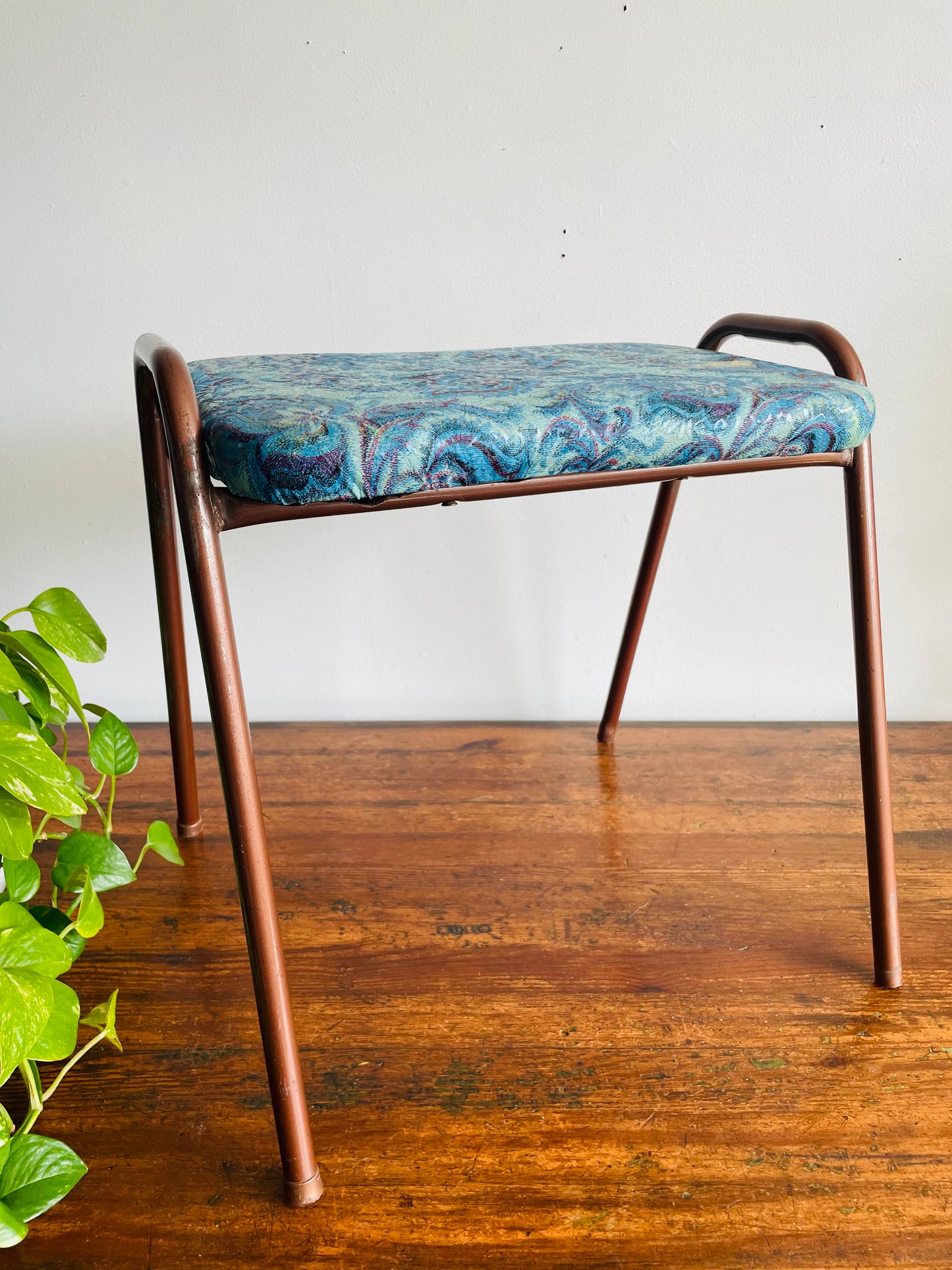 Vintage 1968 Perfect Chrome Furniture Co. Stackable Stool Chair with Vinyl Cushion - Blue Floral Pattern #2 - Made in Toronto