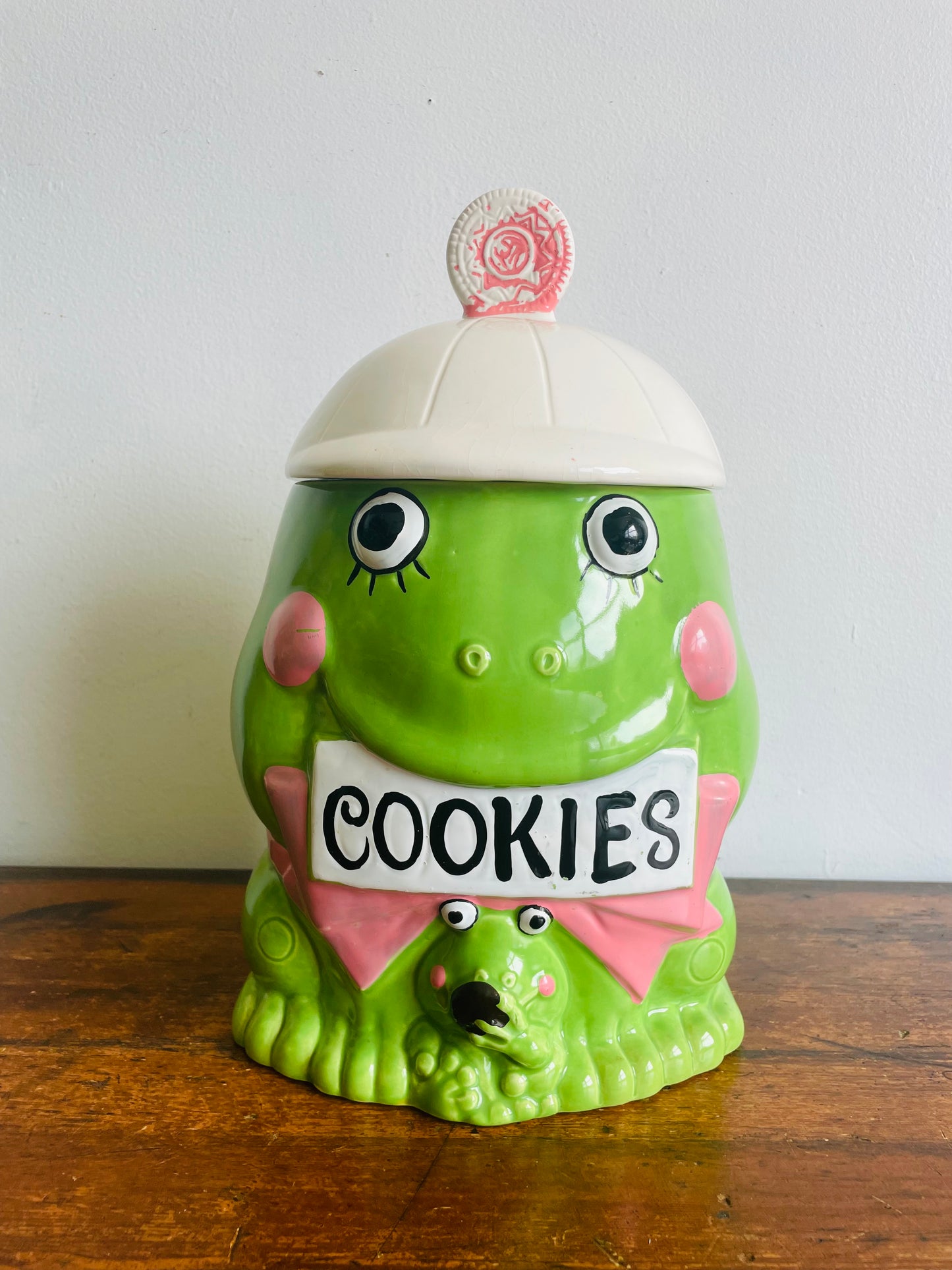 Adorable Bright Green & Pink Frog Cookie Jar - Made in Japan