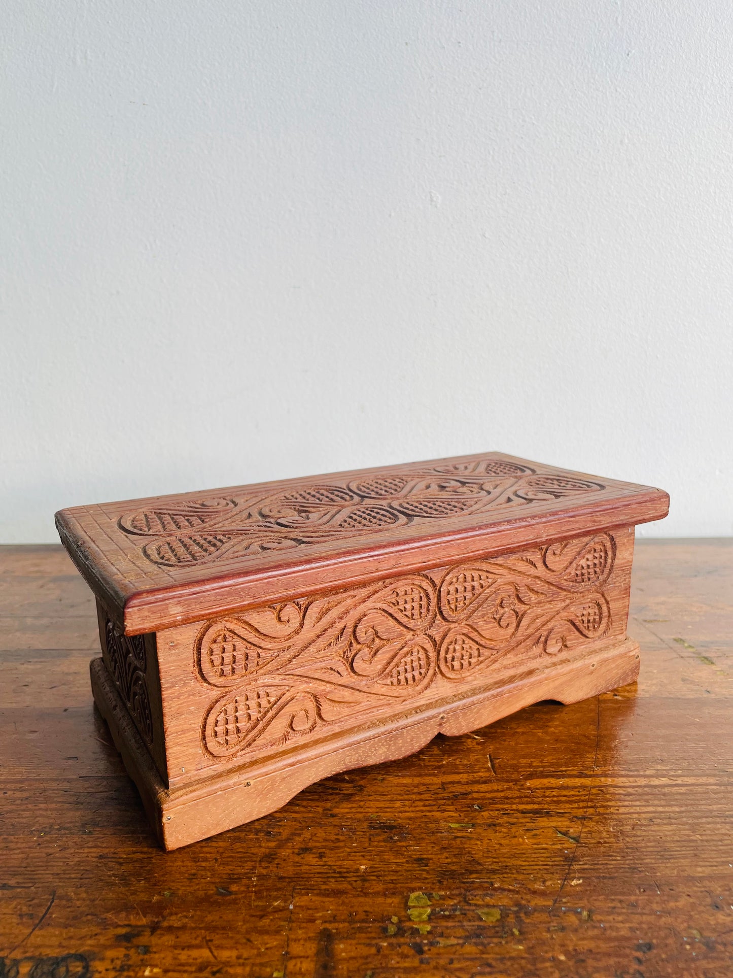 Sturdy Hand Carved Wooden Trinket Box with Interesting Design & Hinged Lid