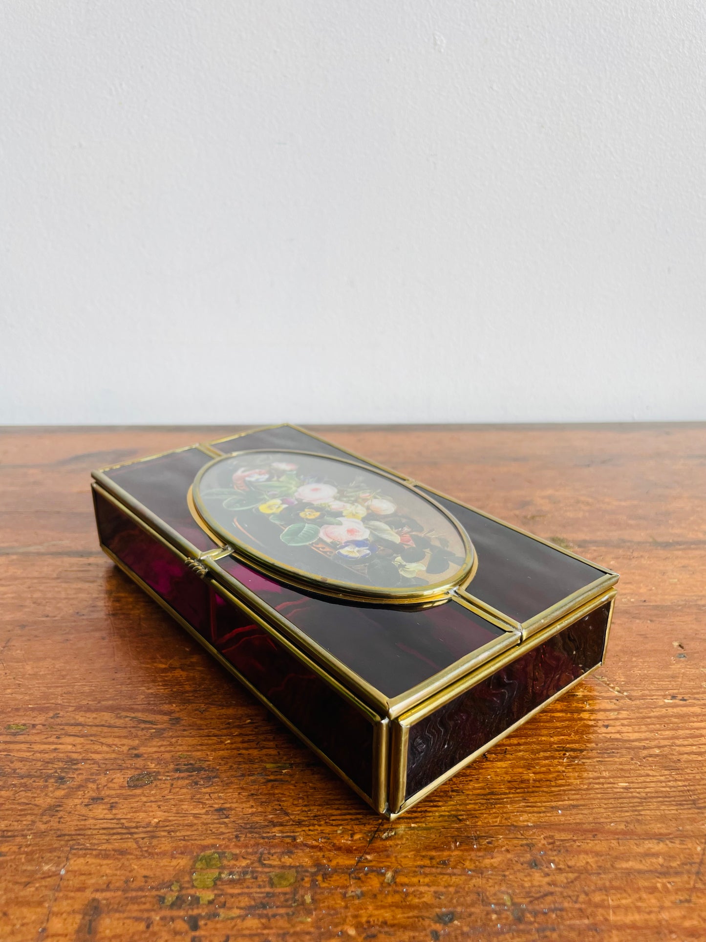 Enesco Corporation Purple Glass & Brass Divided Sectional Jewellery Box with Flower Lid - Made in Mexico
