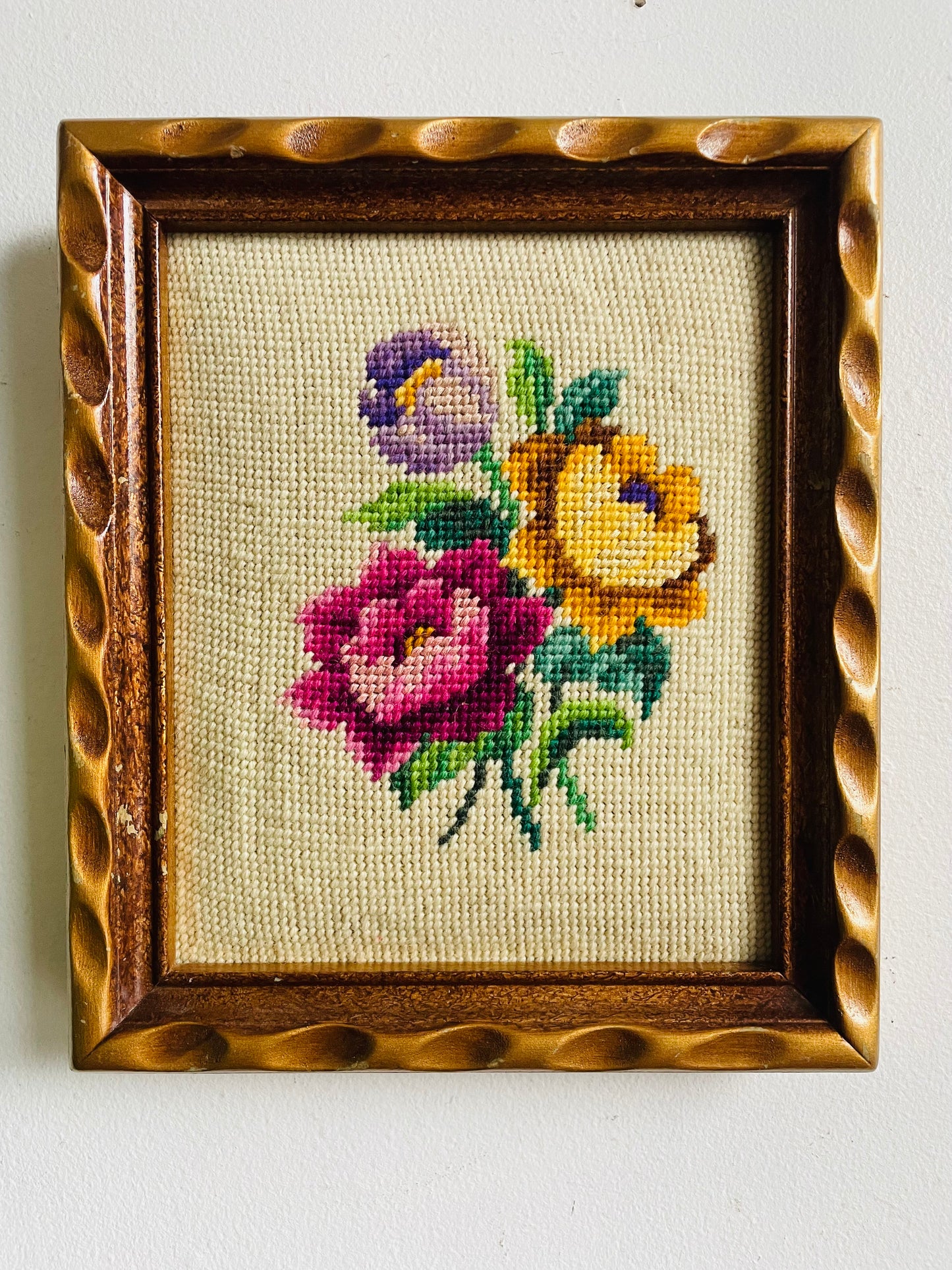 Vintage Floral Needlepoint Embroidery Pictures in Thick Gold Wood Frames - Set of 2