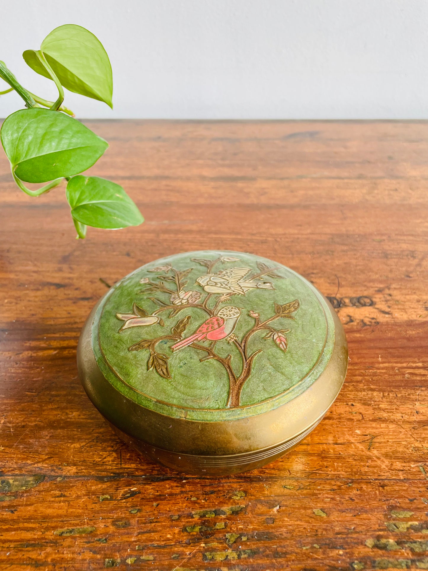 Round Solid Brass Trinket Jewellery Box with Enamelled Lid & Bird Design - Made in India