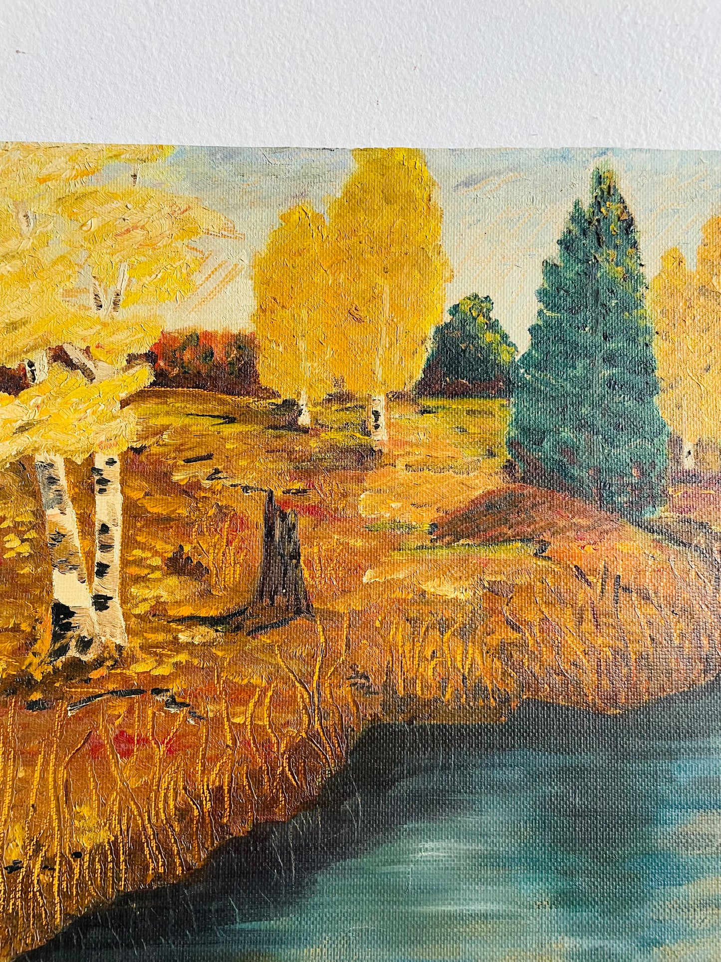 Original Art Painting on Canvas of Forest in Autumn Along River