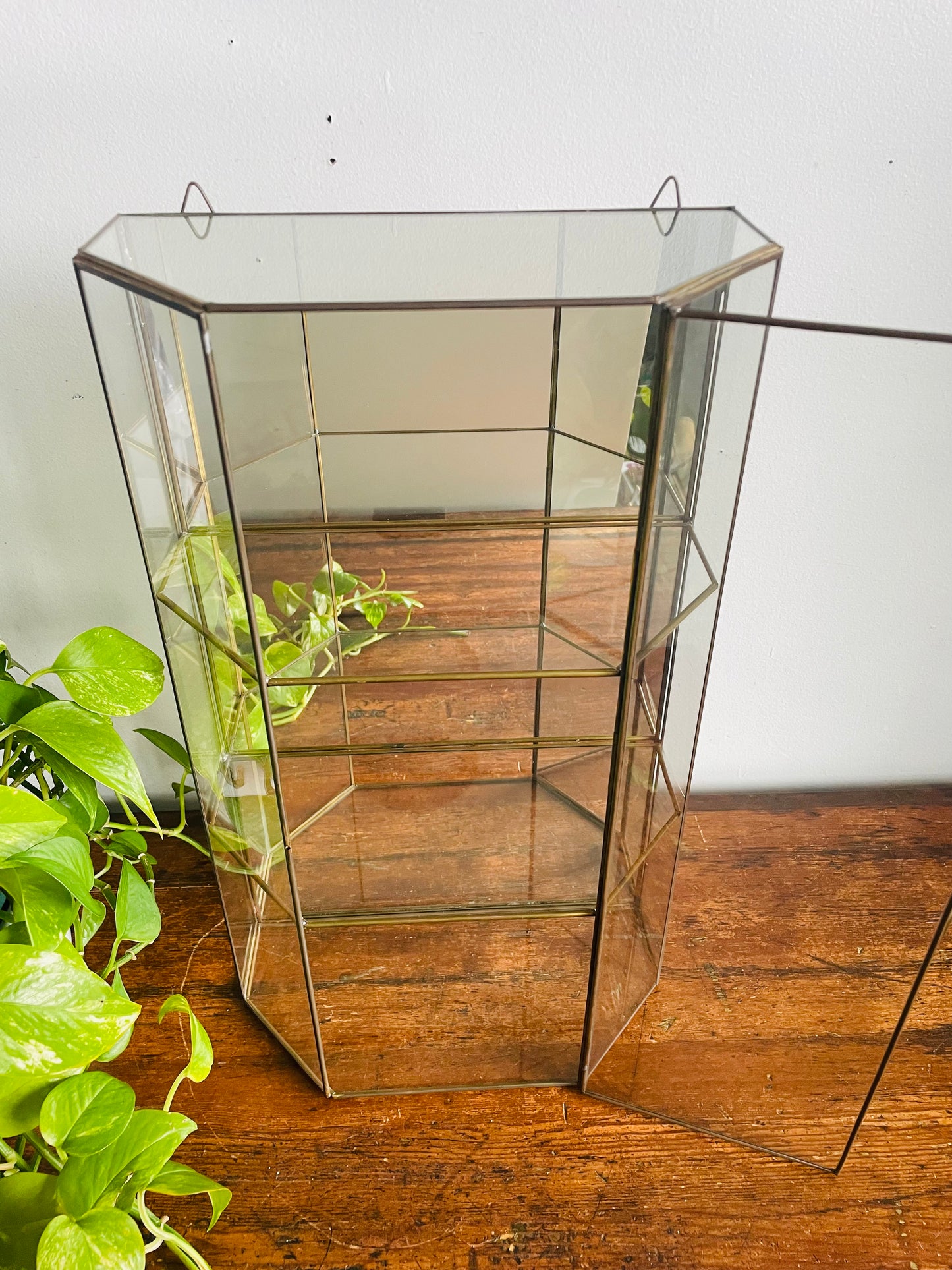 Vintage 19" Tall Brass & Mirrored Glass Curio Shelf Cabinet - Can Stand or Hang