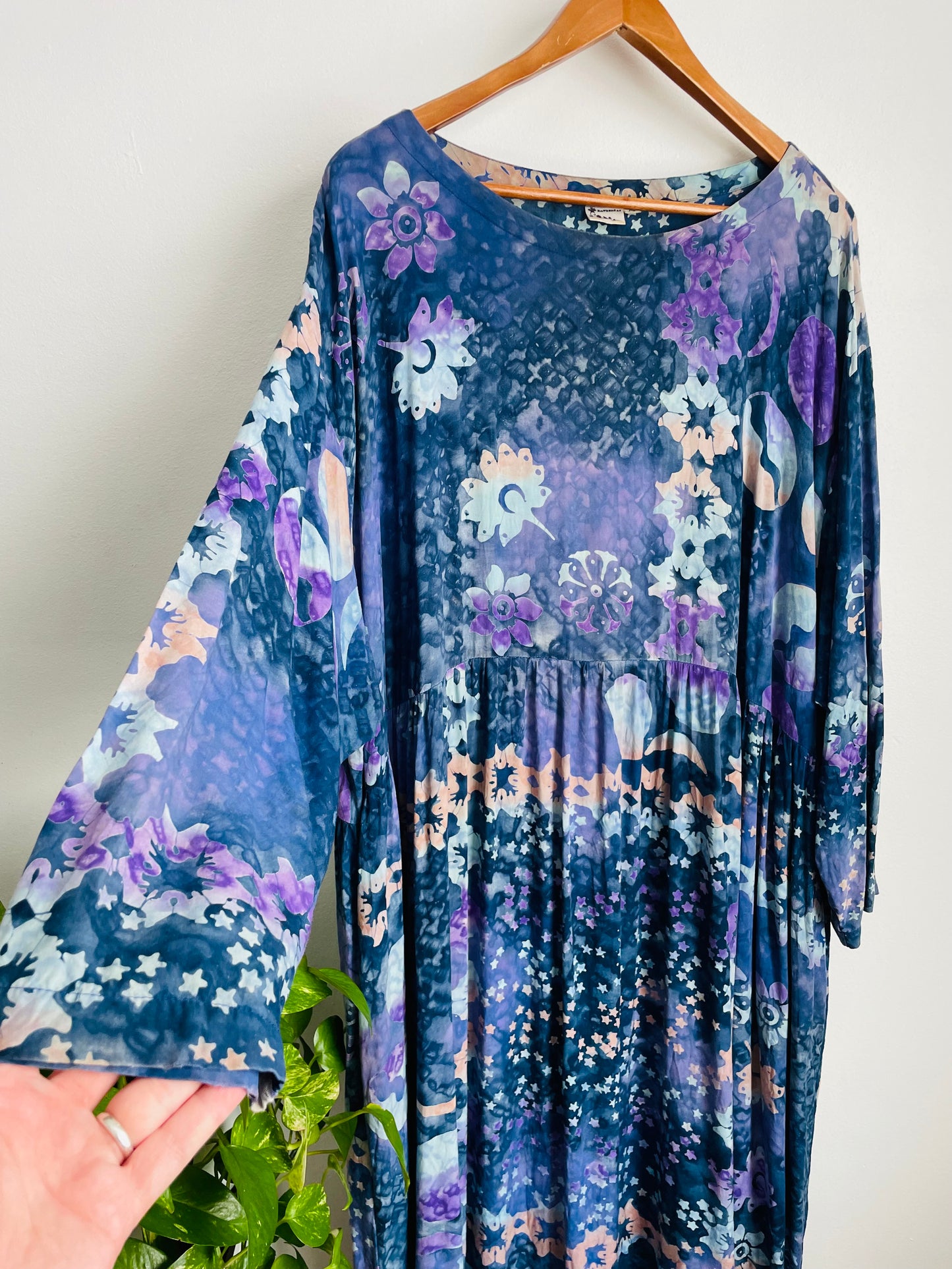 100% Rayon Maxi Dress with Pockets & Batik-Style Celestial Design - Made in Indonesia - Fits up to Size 4x
