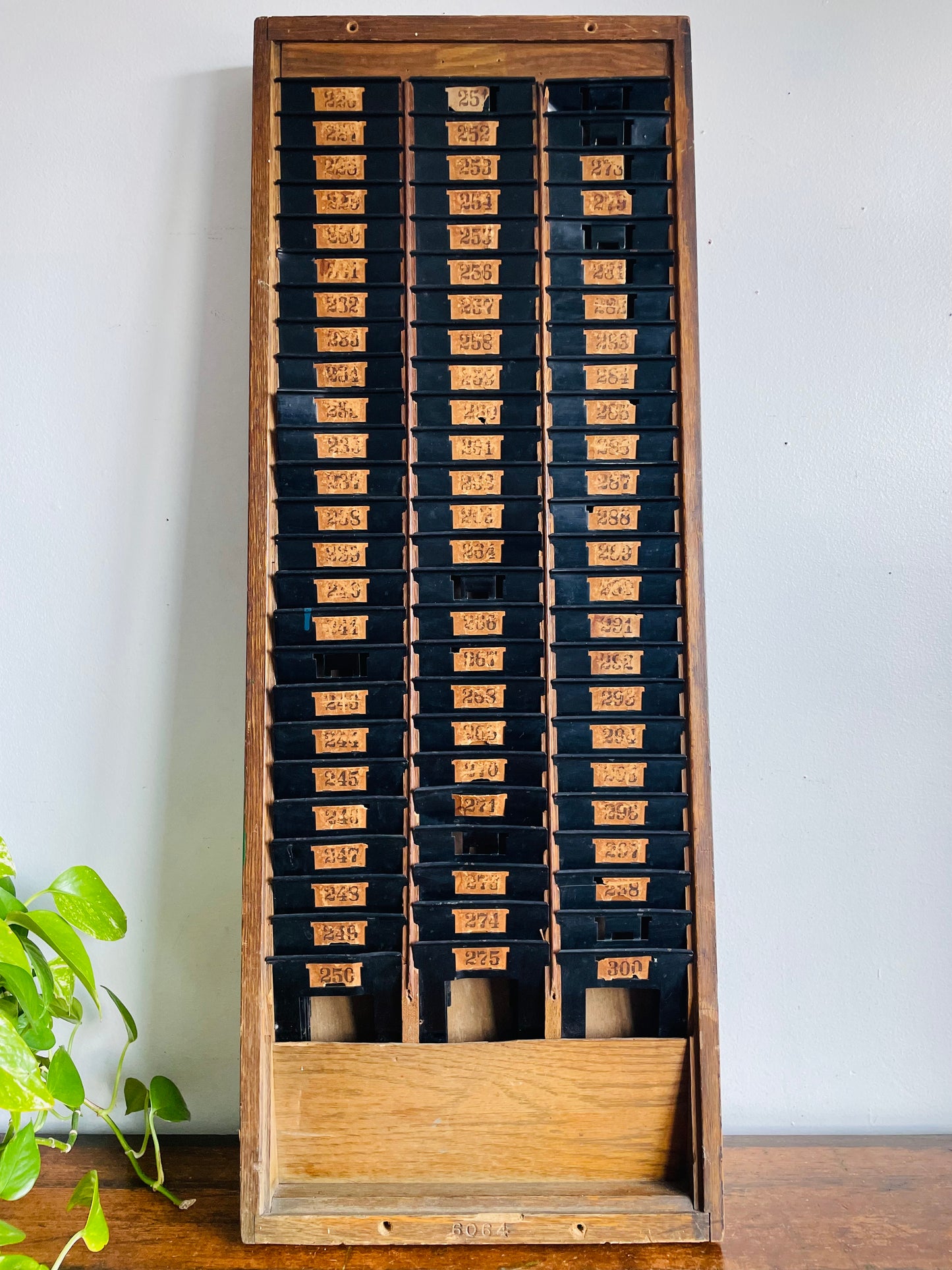 Antique Industrial Wood & Metal Time Card Slot Rack Holder with Numbers - Apothecary Shelf Decor Style - Can Lean or Hang on Wall