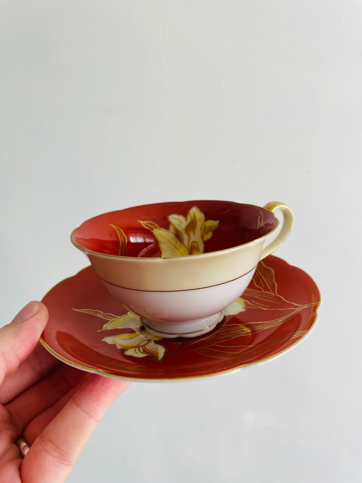 1940s Diamond China Burnt Orange Tea Cup & Saucer with White Iris Flower Design - Made in Occupied Japan