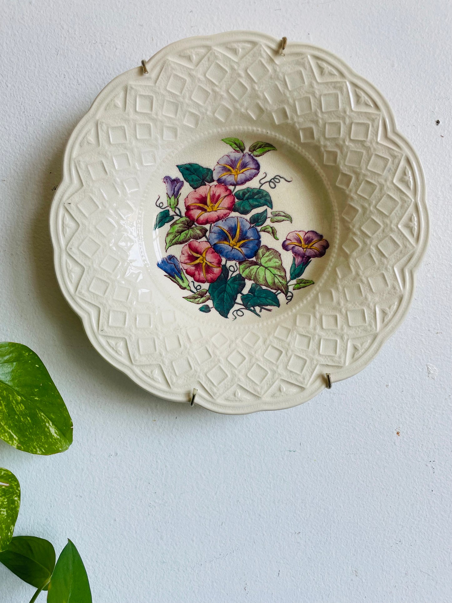 Vintage 1940s Morning Glory Wedgwood Etruria England Bowl Dish with Flower Design - Includes Wall Plate Hanger but Could Use Without