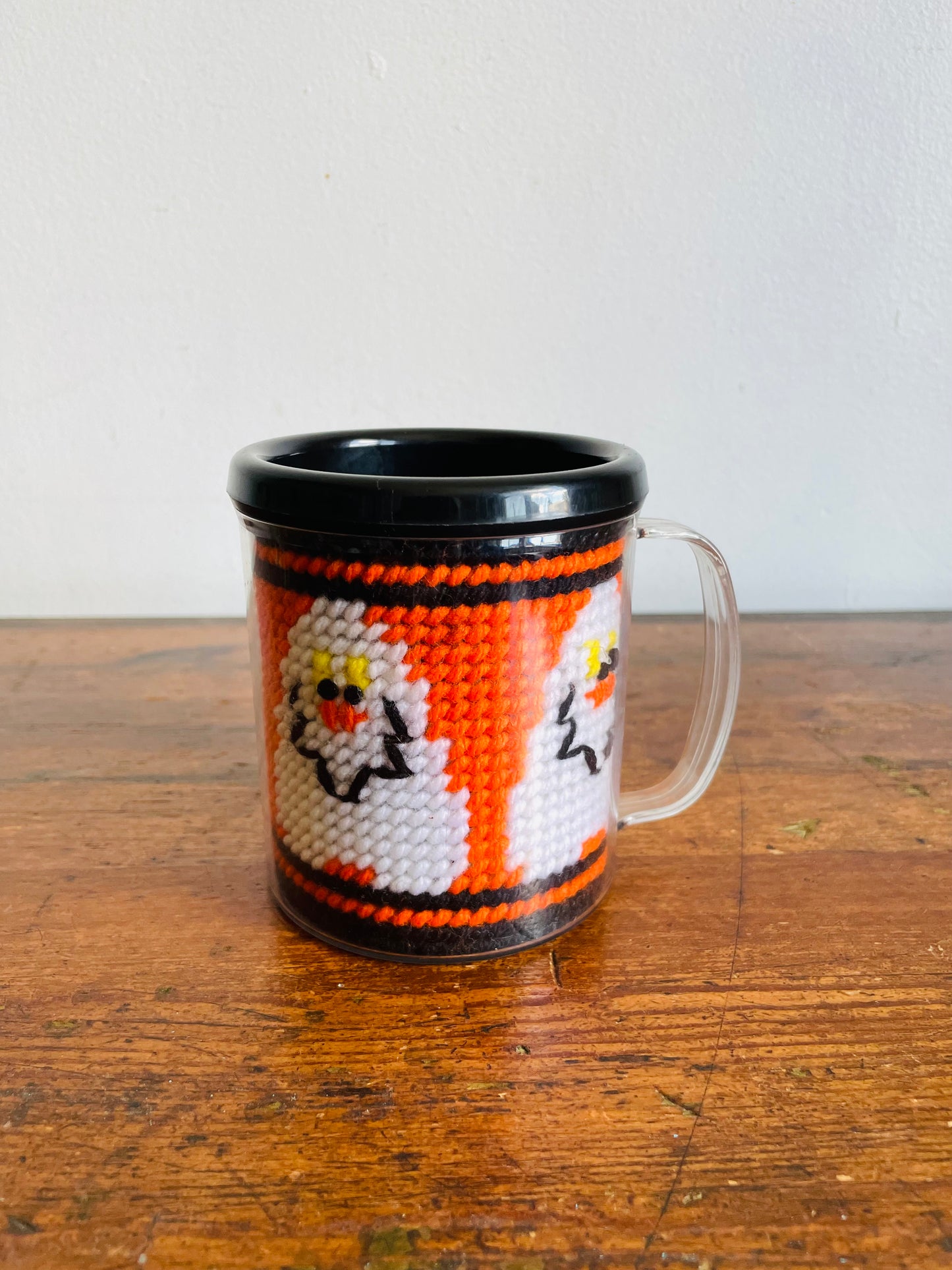 Vintage Halloween Mug with Plastic Canvas Yarn Embroidery Design of Smiling Ghosts