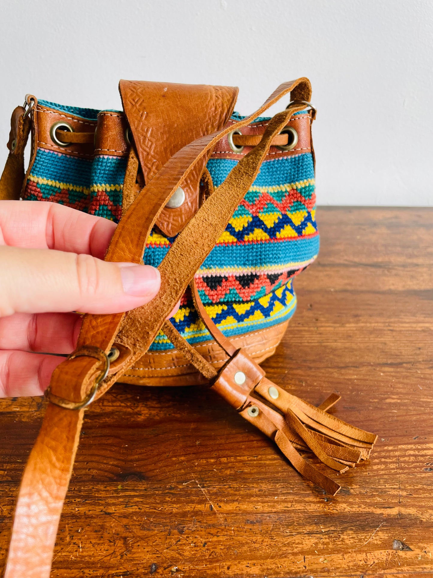 Tooled Leather & Brightly Woven Tapestry Fabric Purse