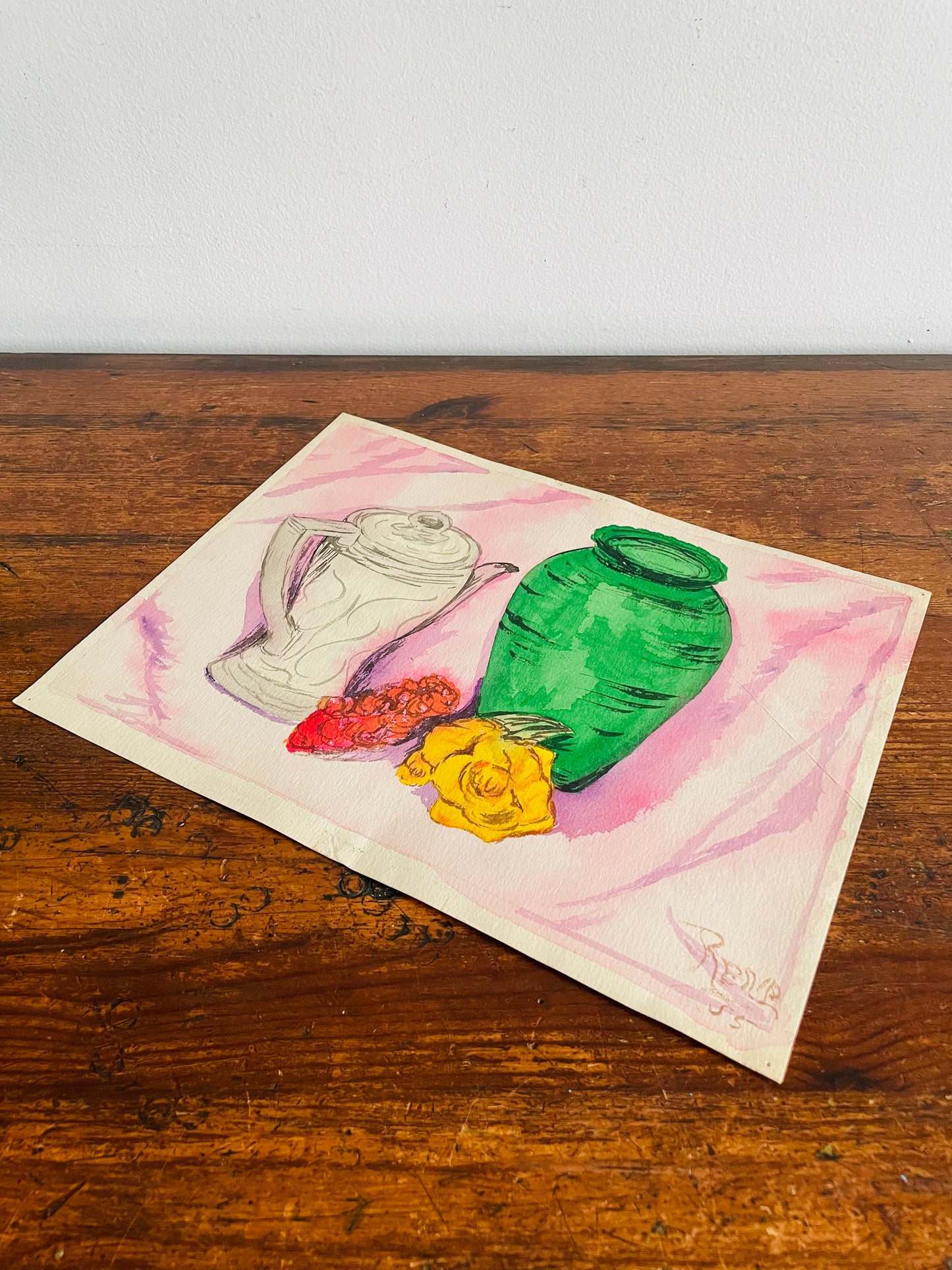 1955 Original Art Watercolour Still Life Painting on Paper - Signed Rene
