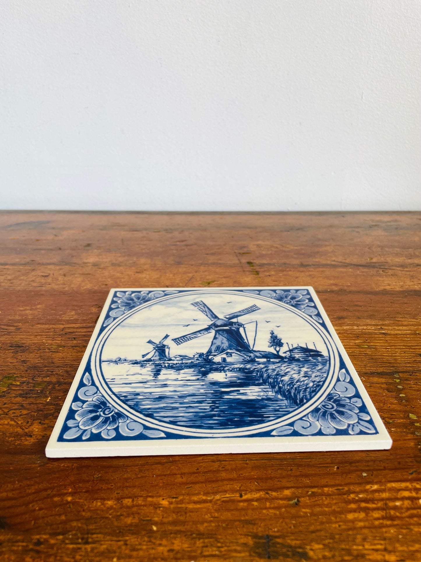 Vintage Delft Blue Dutch Windmill Hand Painted Tile - Can Hang on Wall - Made in Holland