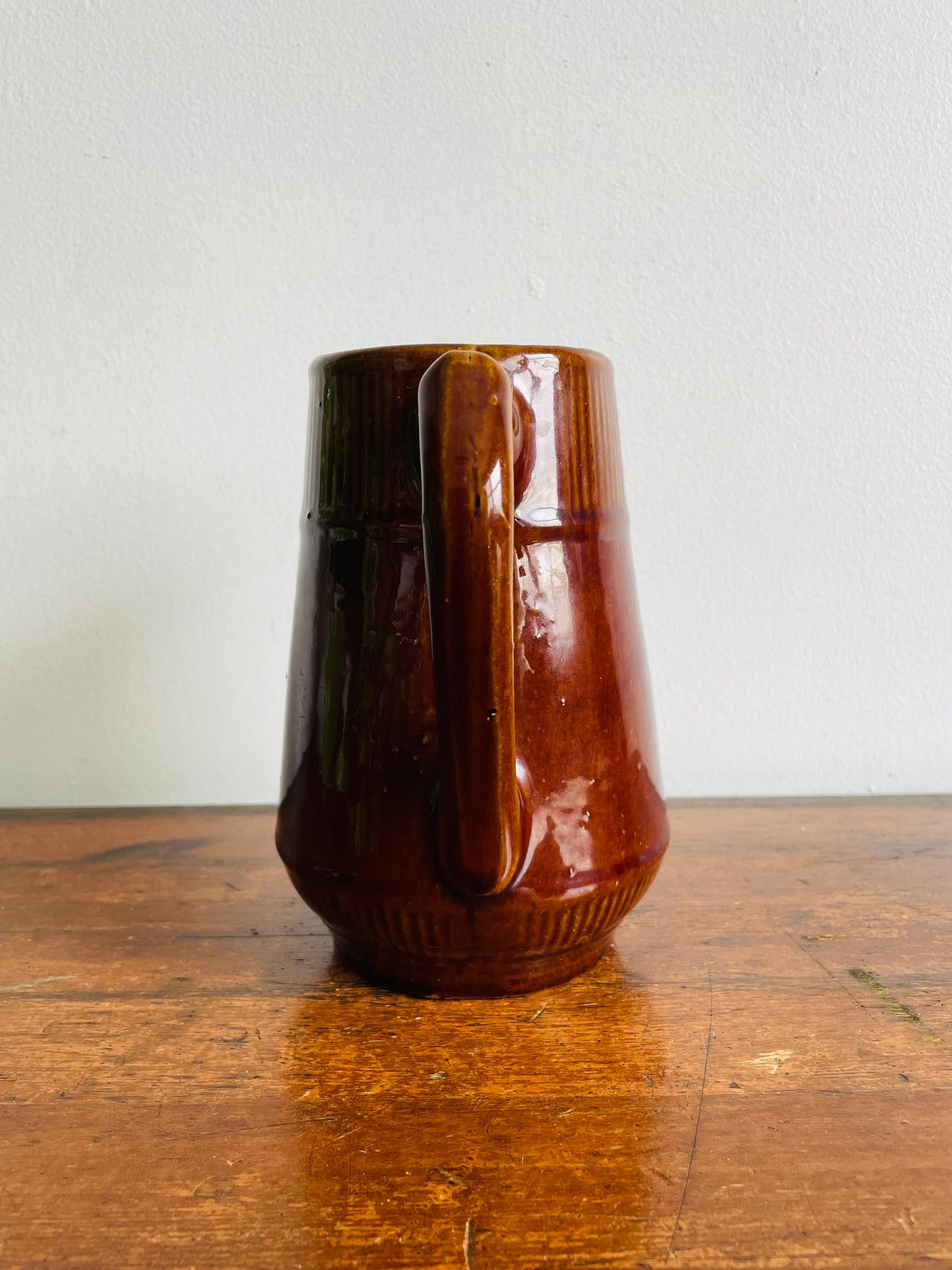 Brown Ribbed Pitcher Jug Vase with Handle