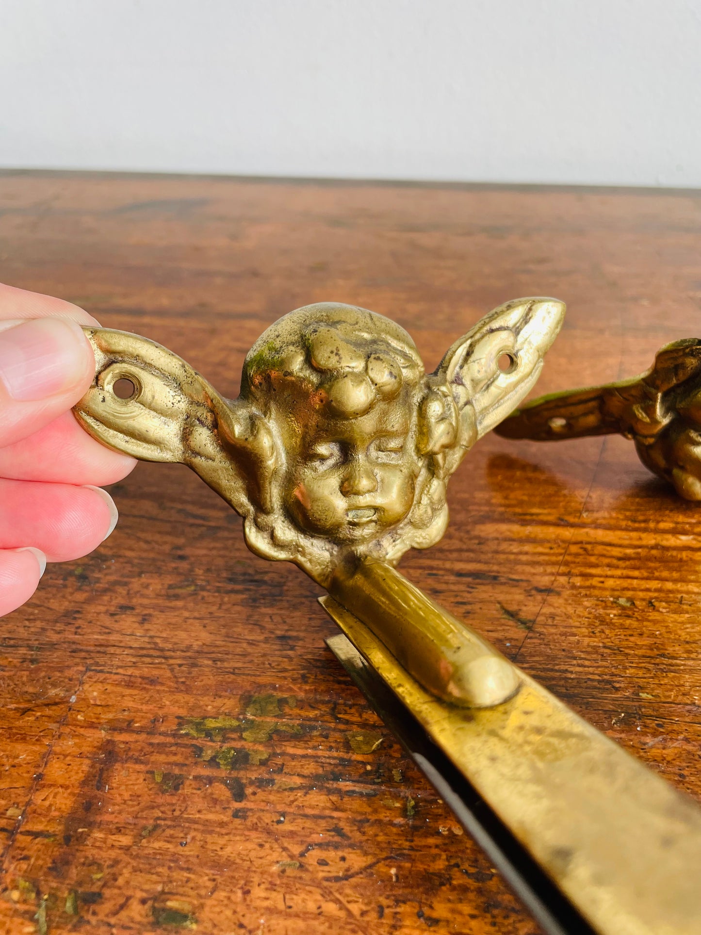 Vintage Solid Brass Cherub Angel Hook Hangers or Brackets - Great Project or DIY Piece - Set of 2 Hardware Pieces - Would be Great Stocking Hangers!