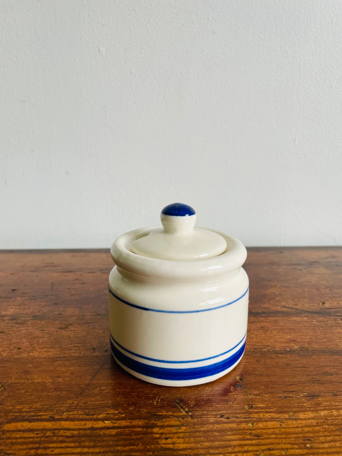 White & Blue Striped Sugar or Jam Crock Jar