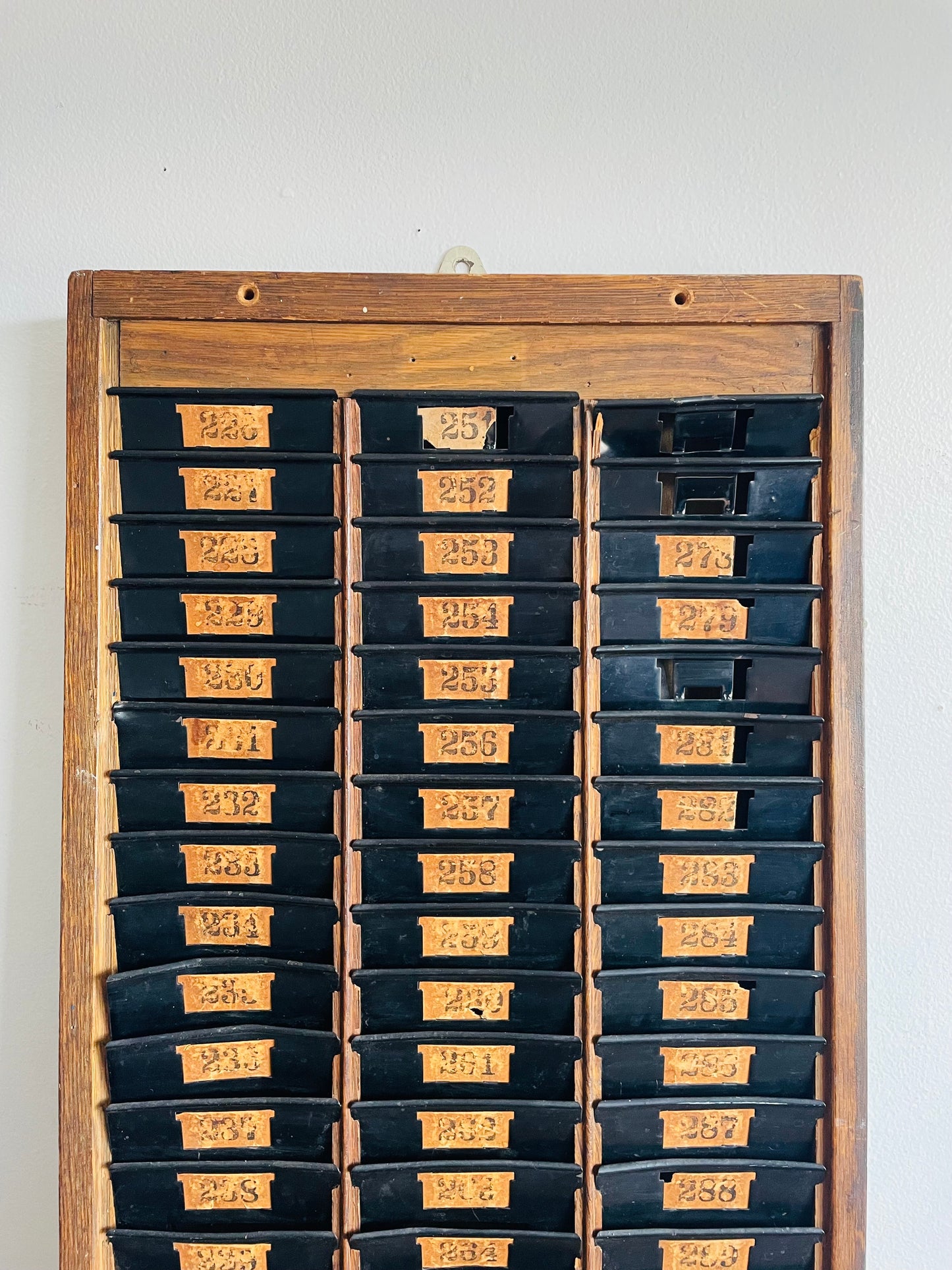 Antique Industrial Wood & Metal Time Card Slot Rack Holder with Numbers - Apothecary Shelf Decor Style - Can Lean or Hang on Wall