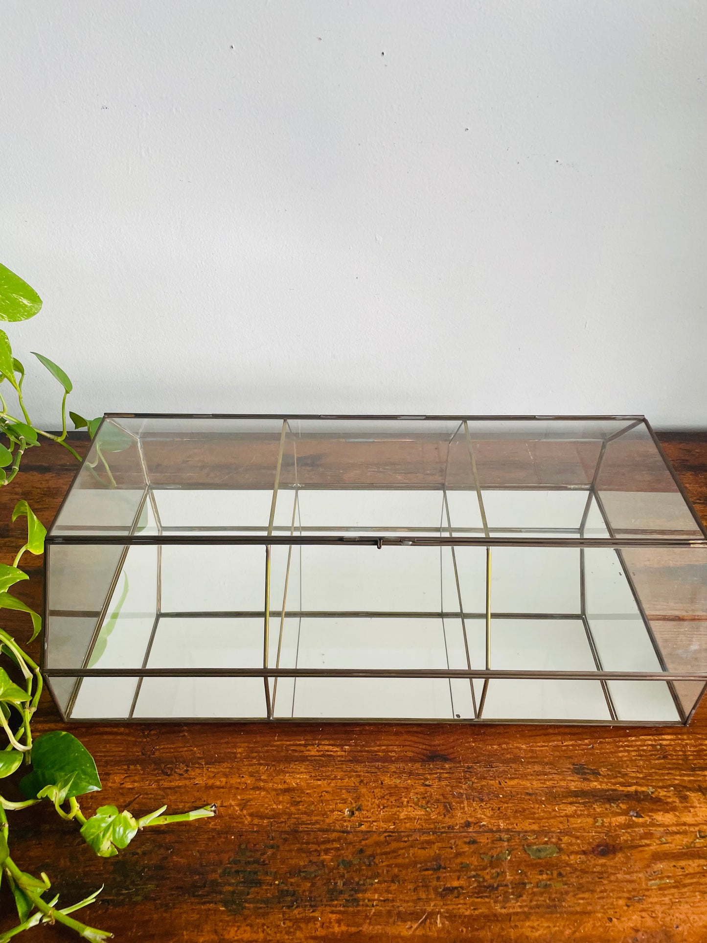 Vintage 19" Tall Brass & Mirrored Glass Curio Shelf Cabinet - Can Stand or Hang