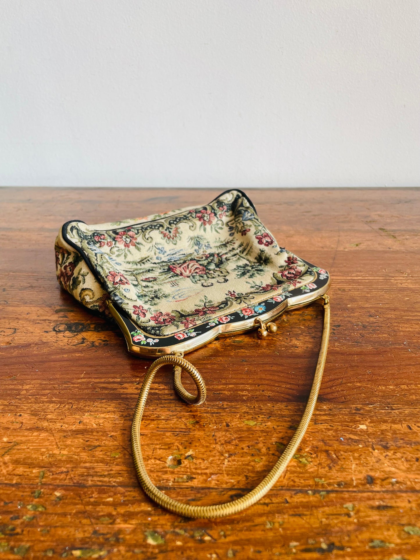 La Marquise Romantic French Tapestry Evening Bag Purse on Brass Chain