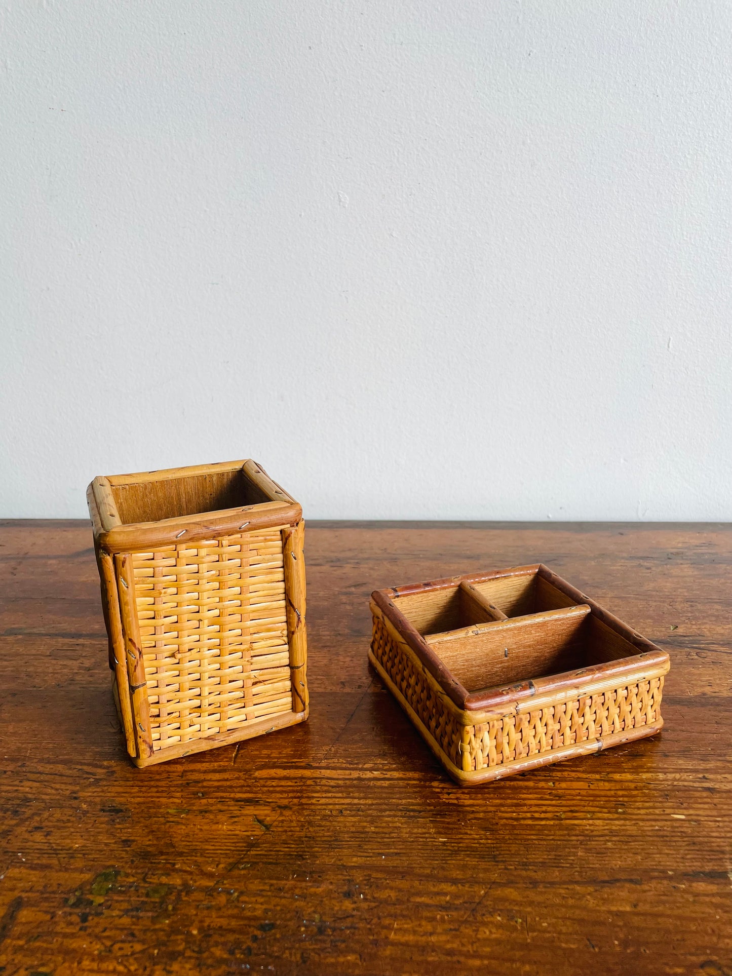 Wicker & Wood Desk or Vanity Organizer Box Compartment & Pencil Cup - Made in Hong Kong - Set of 2 Pieces