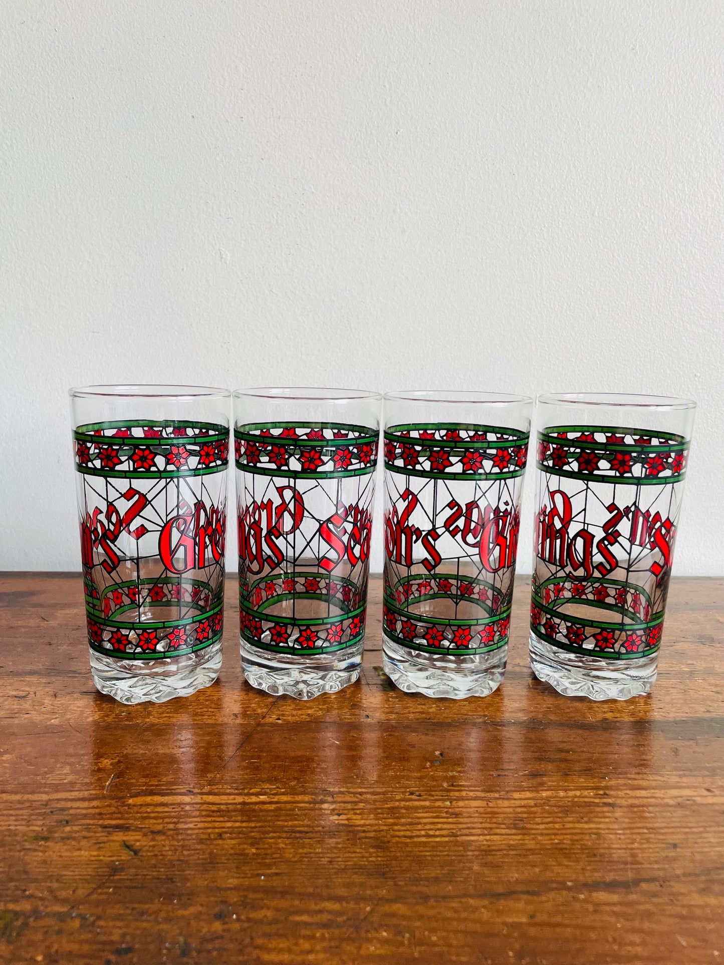 Stained Glass Season's Greetings Glasses - Set of 4