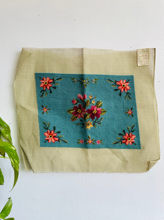 Blue Needlepoint Embroidery Panel of Flowers - J.S.B. & S. Made in Germany