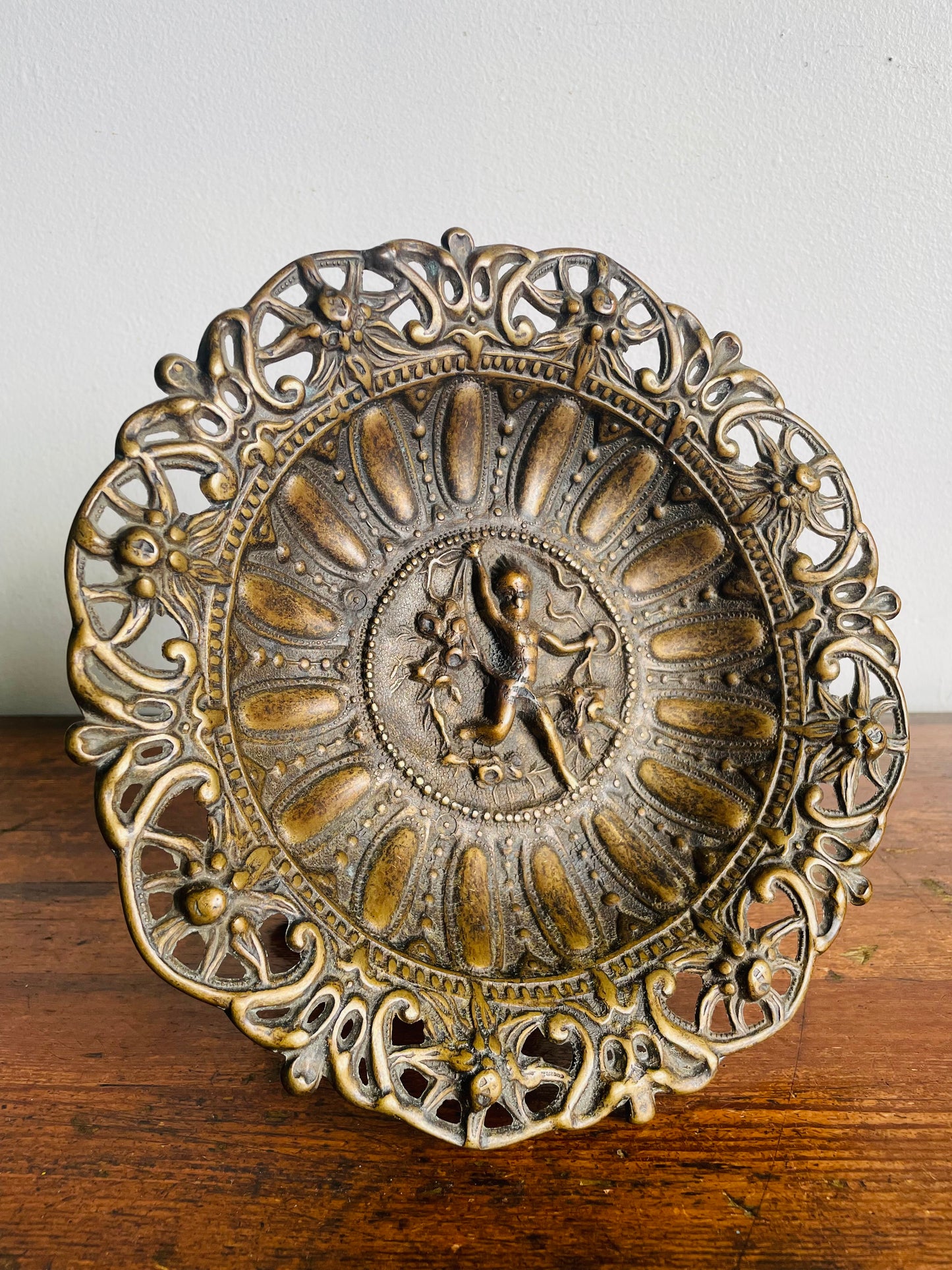 Vintage Heavy Brass Pedestal Bowl with Cherub - Ornate Scroll Filigree Design - Italian Style