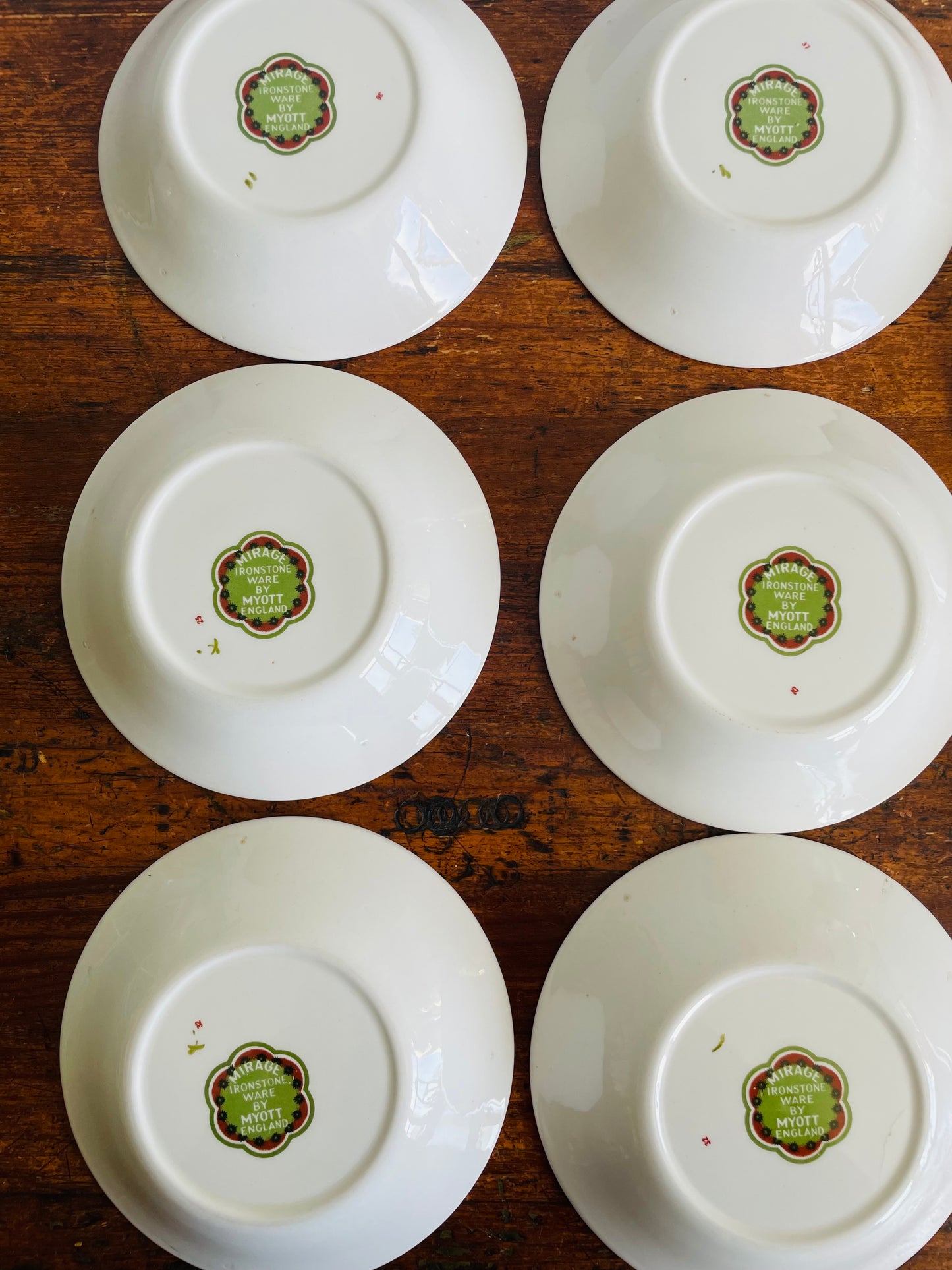 Vintage 5.5" Shallow Snack Bowls with Groovy Orange, Yellow & Green Flower Power Pattern - Mirage Ironstone Ware by Myott - Set of 8 - Made in England