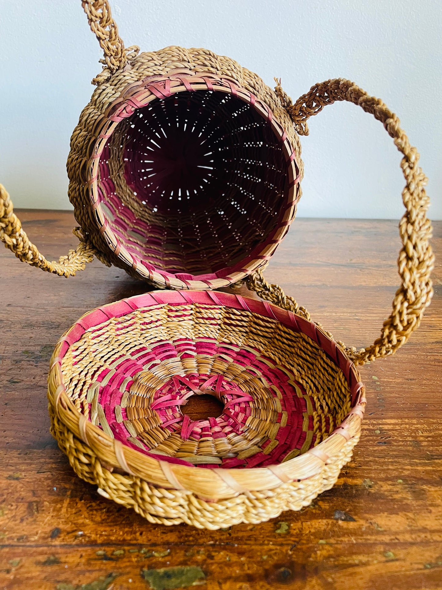Vintage Indigenous Woven Ash Wood & Sweet Grass Yarn Holding Basket with Braided Handles & Lid - Hole in Lid to Pull Yarn Through