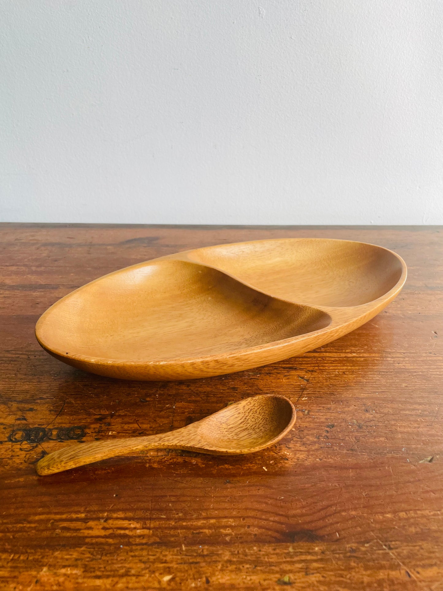 Divided Wood Serving Dish with Spoon - Set of 2 Pieces