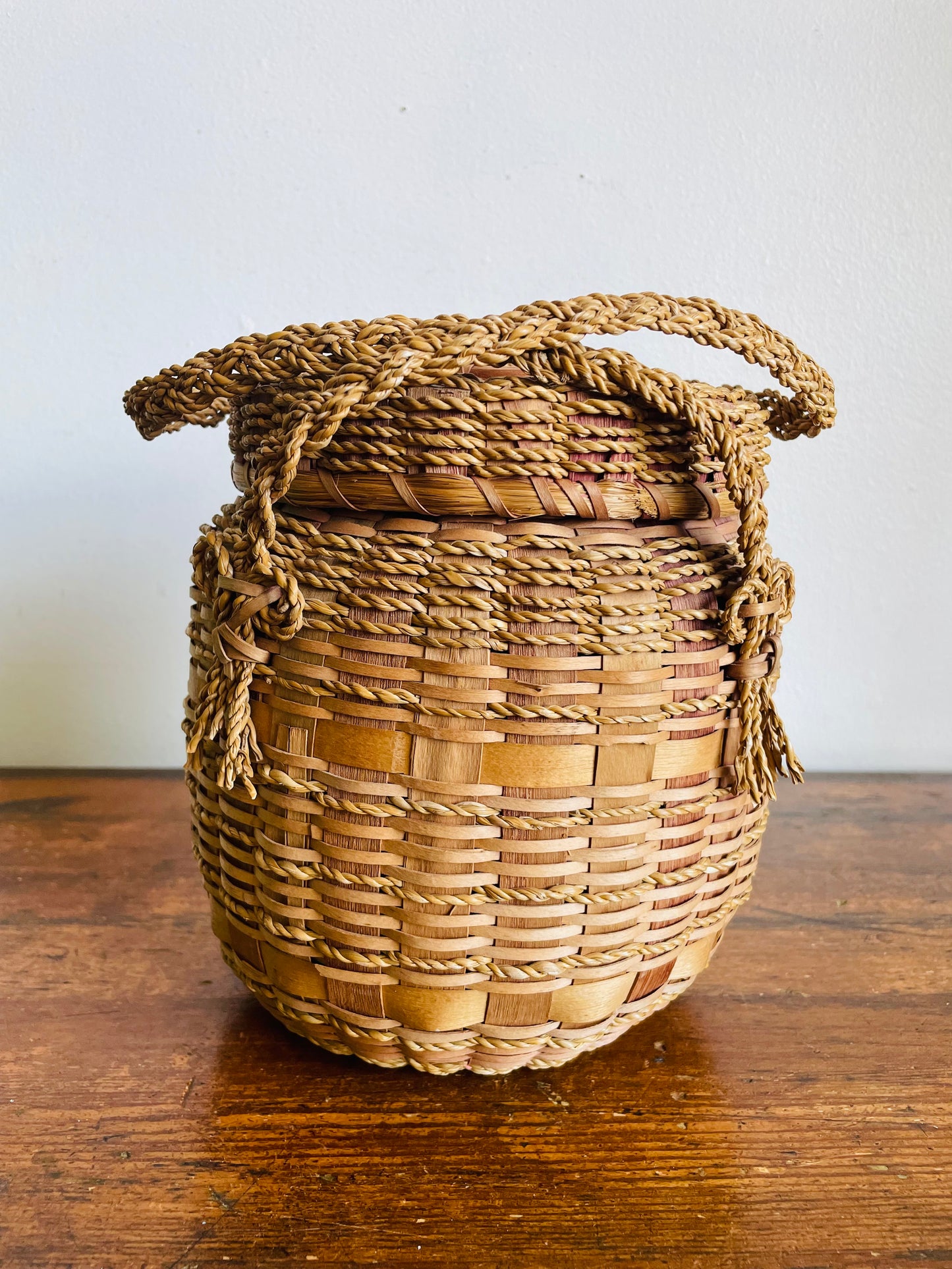 Vintage Indigenous Woven Ash Wood & Sweet Grass Yarn Holding Basket with Braided Handles & Lid - Hole in Lid to Pull Yarn Through