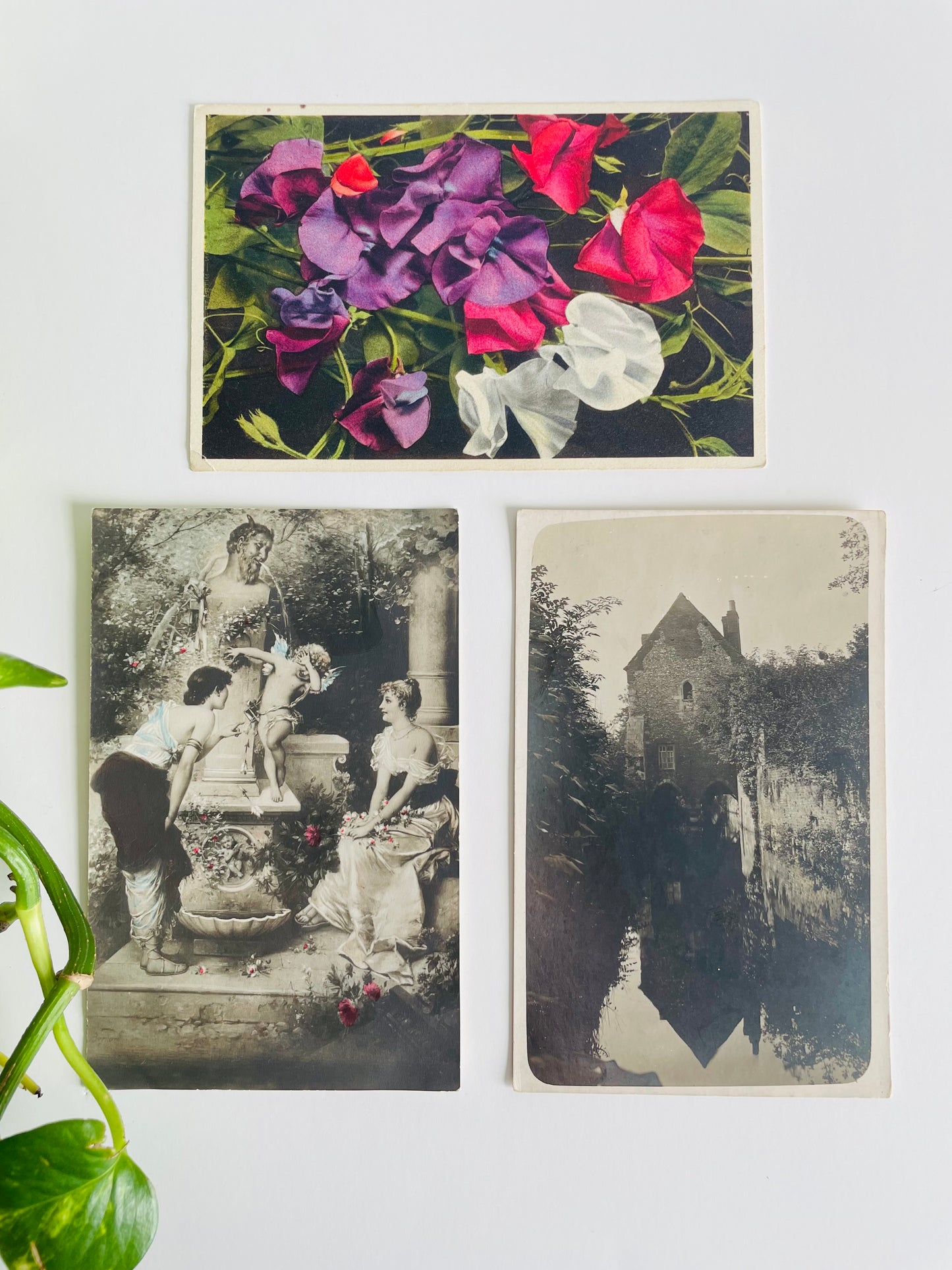 Early 1900s Postcard Collection - Greyfriars in Canterbury, Sweet Pea Flowers & Women with Cupid at Fountain - Set of 3
