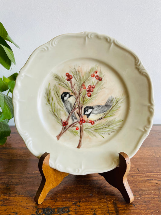 Edelstein Bavaria Maria-Theresia Germany Plate - Hand Painted with Chickadee Bird Winter Scene by A. Blackburn in 1978