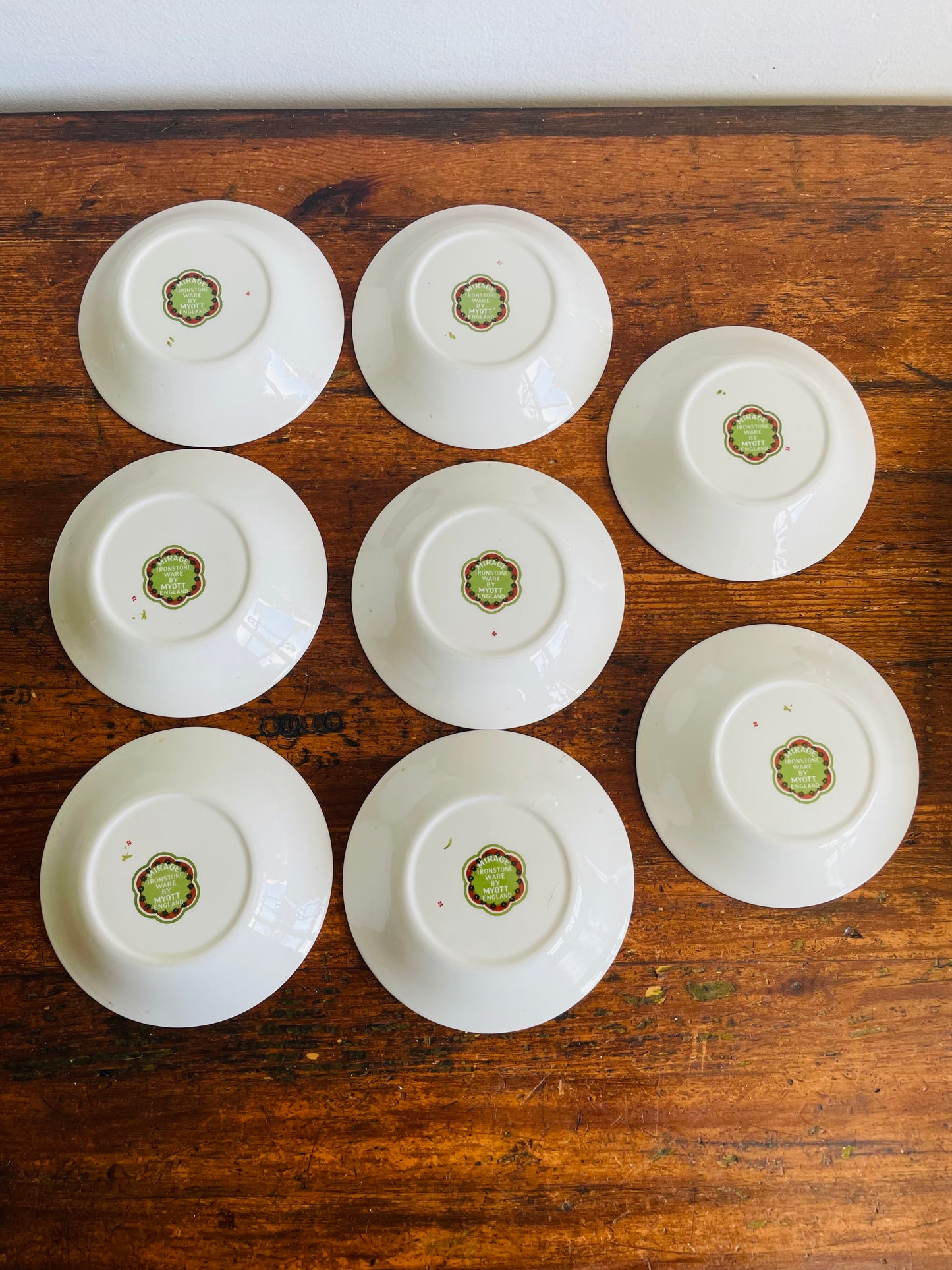 Vintage 5.5" Shallow Snack Bowls with Groovy Orange, Yellow & Green Flower Power Pattern - Mirage Ironstone Ware by Myott - Set of 8 - Made in England