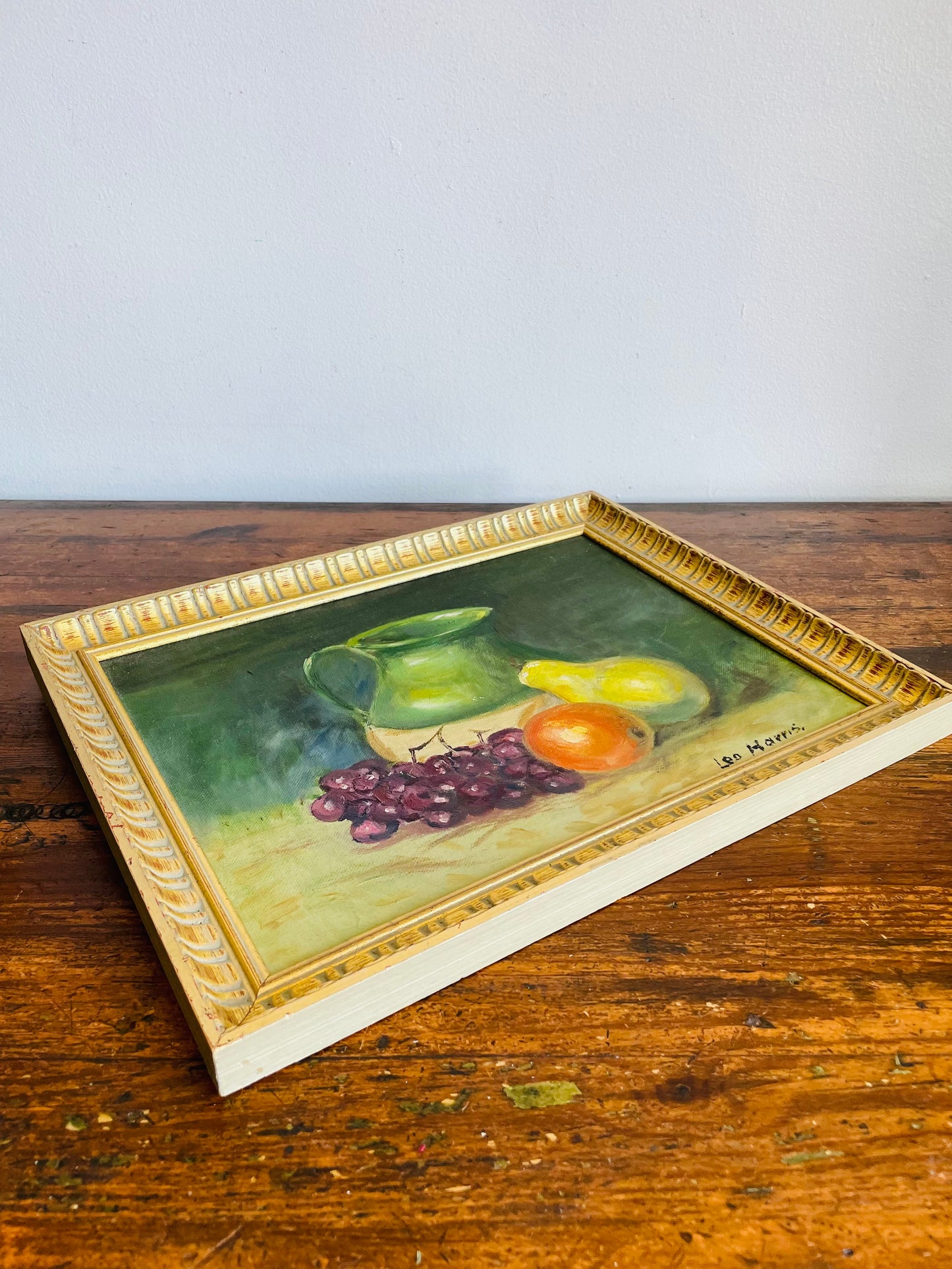 Vintage Original Art Painting of Still Life Scene with Fruit & Pottery Jug - Signed Leo Harris