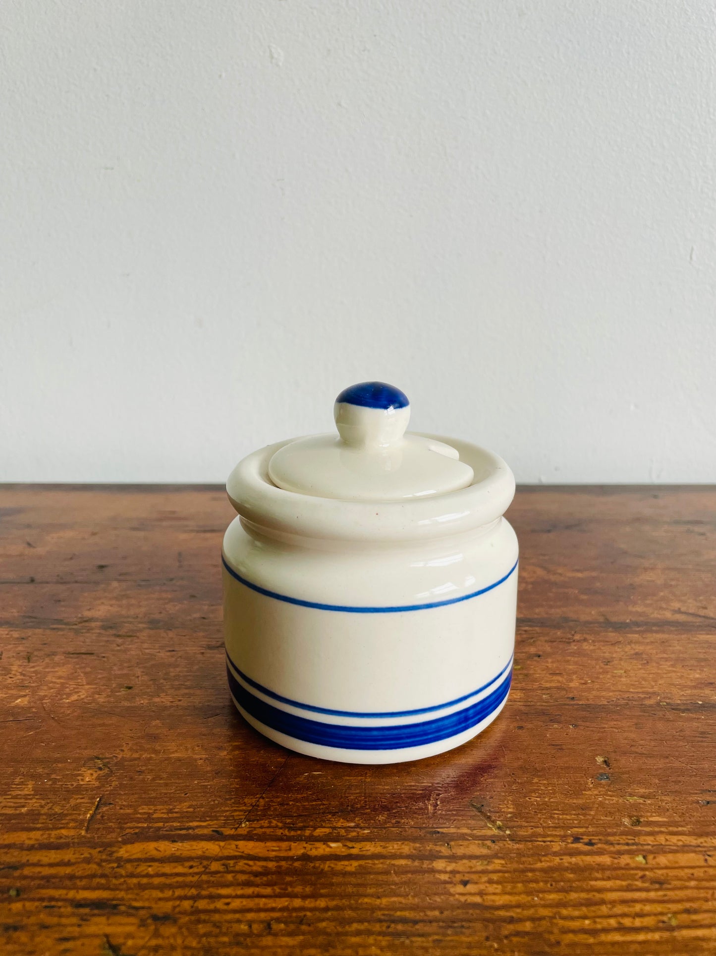 White & Blue Striped Sugar or Jam Crock Jar
