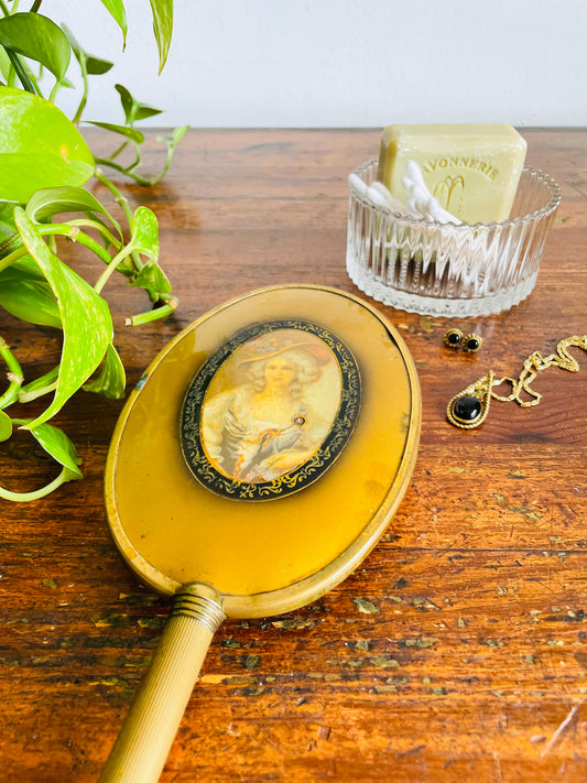 Brass Handheld Mirror with Victorian Lady in Dress