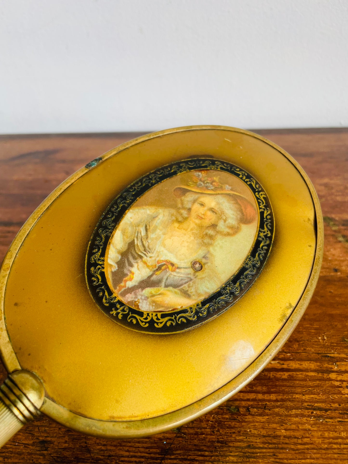 Brass Handheld Mirror with Victorian Lady in Dress