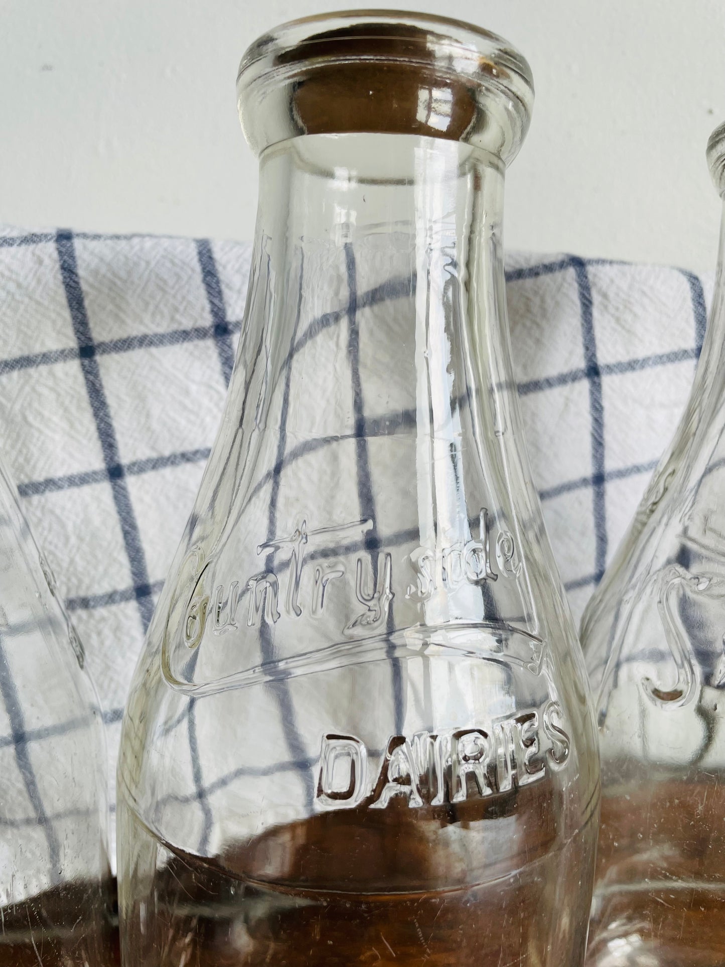 Vintage Metal Milk Bottle Caddy Carrier with Handles & Three Glass Milk Bottles with Cardboard Bottle Caps